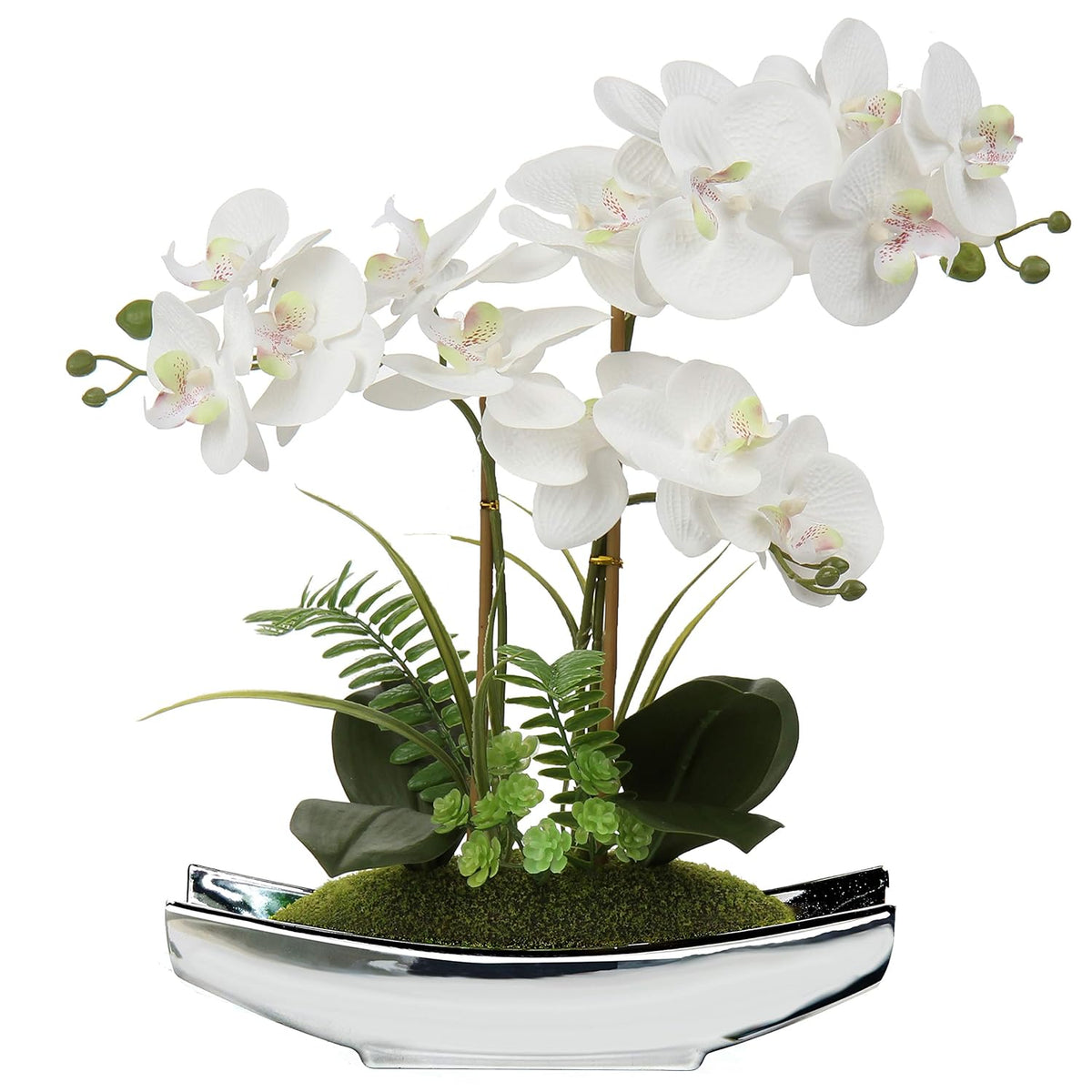 Orchids Artificial Flowers 15" White Phalaenopsis Orchid With Silver Pots Real Touch Faux Orchid Plant For Home Office Living Room Table Decoration