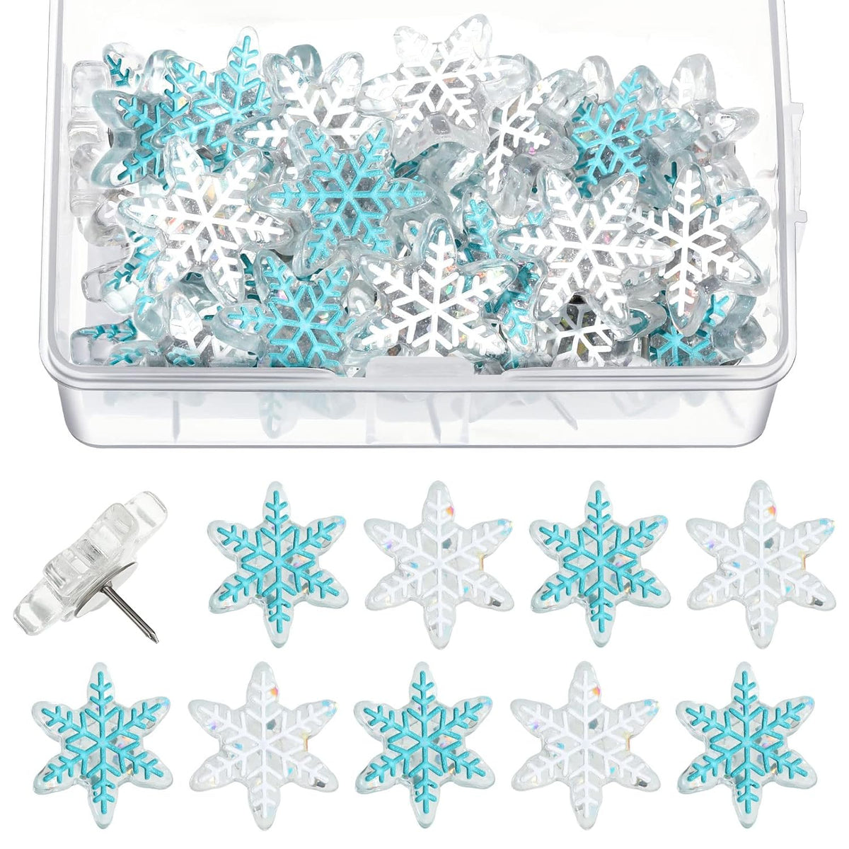 30 Pieces Christmas Snowflake Push Pins, Decorative Cork Board Tacks, 0.9 Inch Thumb Tacks For Bulletin Board, Office Home Winter Christmas Decorations(White, Blue)
