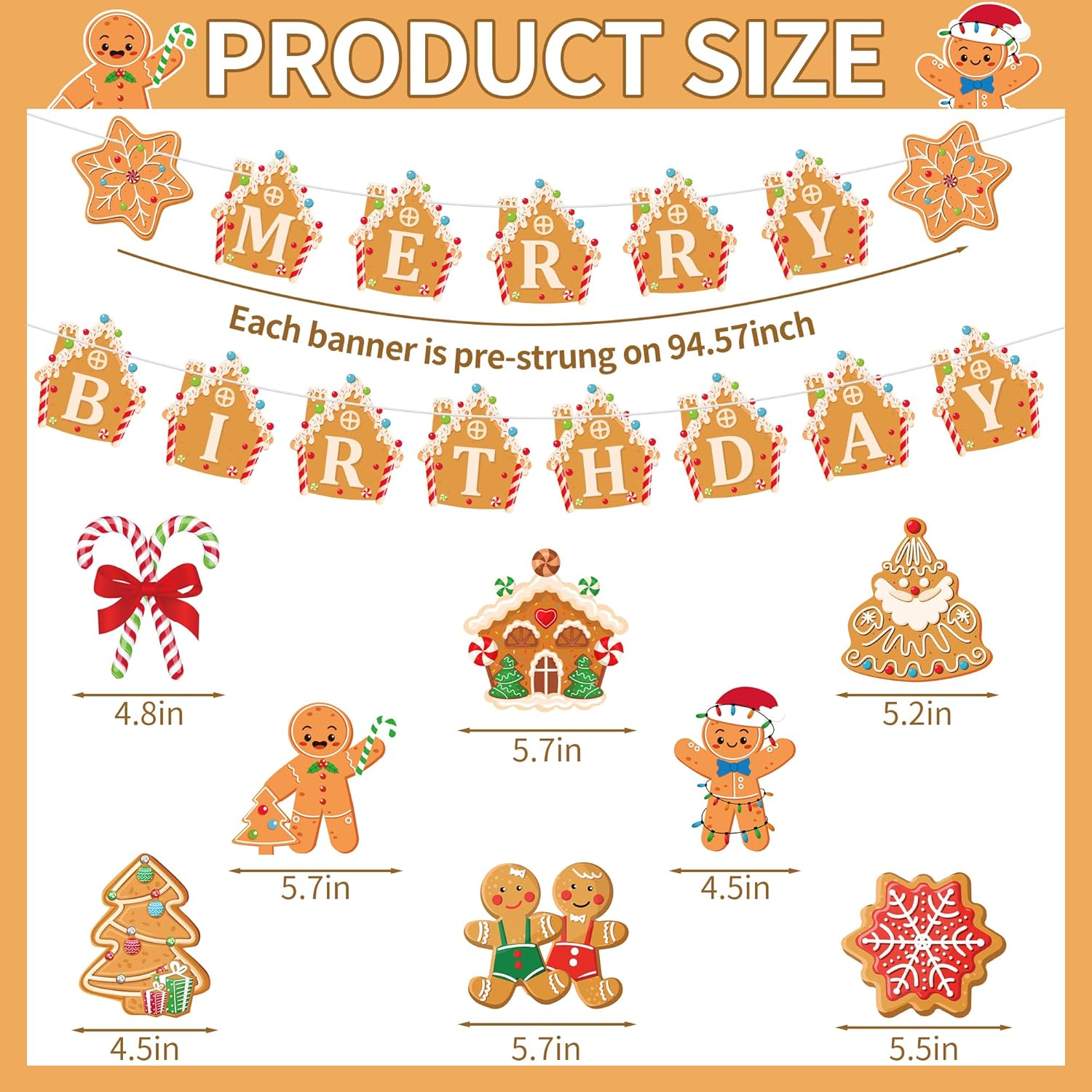 Gingerbread Merry Birthday Decorations - Christmas Party Banner Set 14Pcs Candy House Gold Banners Ceiling Hanging Swirls Honeycomb Centerpieces Xmas Supplies For Winter Holiday Table Decor