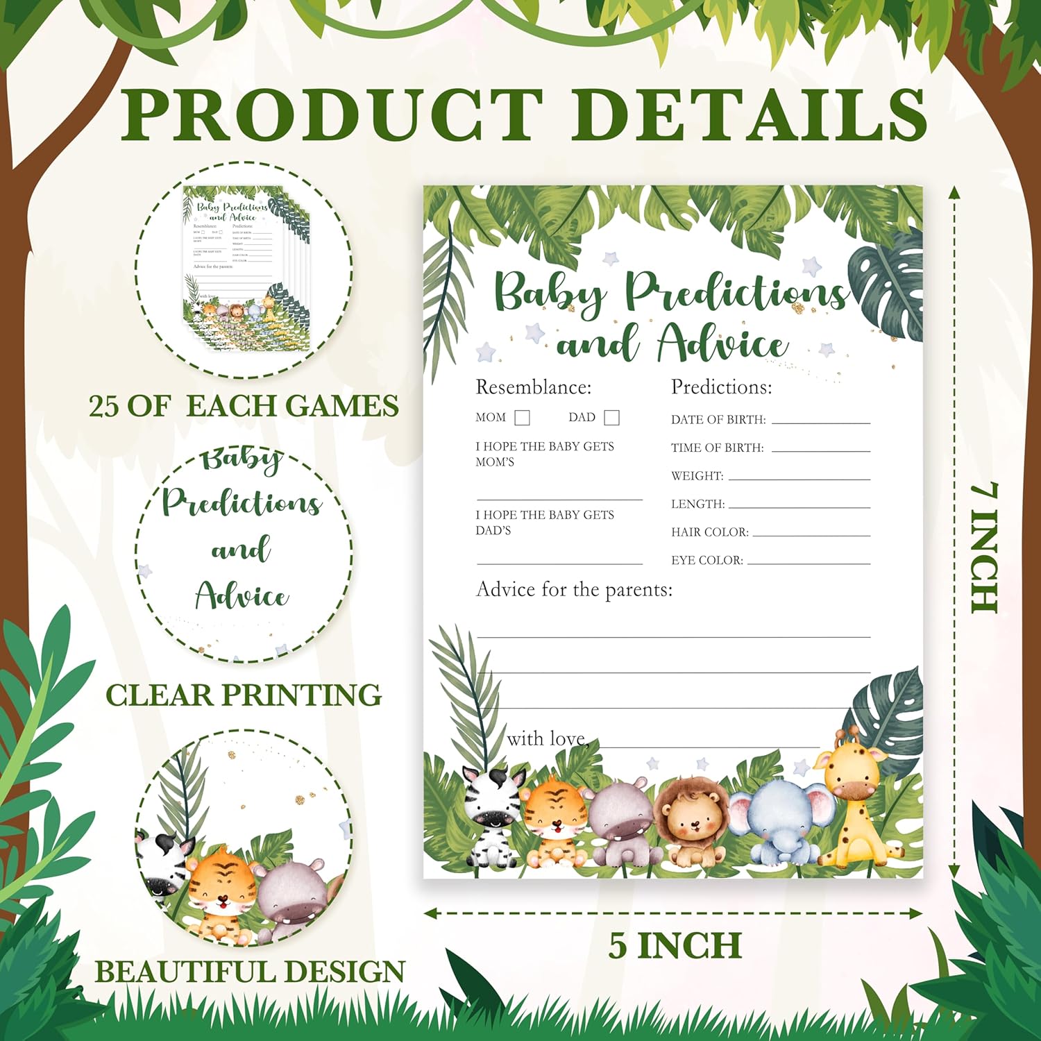 Safari Animals Baby Shower Games Cards, Baby Predictions And Advice Cards For New Parents Babyshower Activity, Wildlife Gender Reveal Party Games For Decorations Favors Supplies, Set Of 25 -06