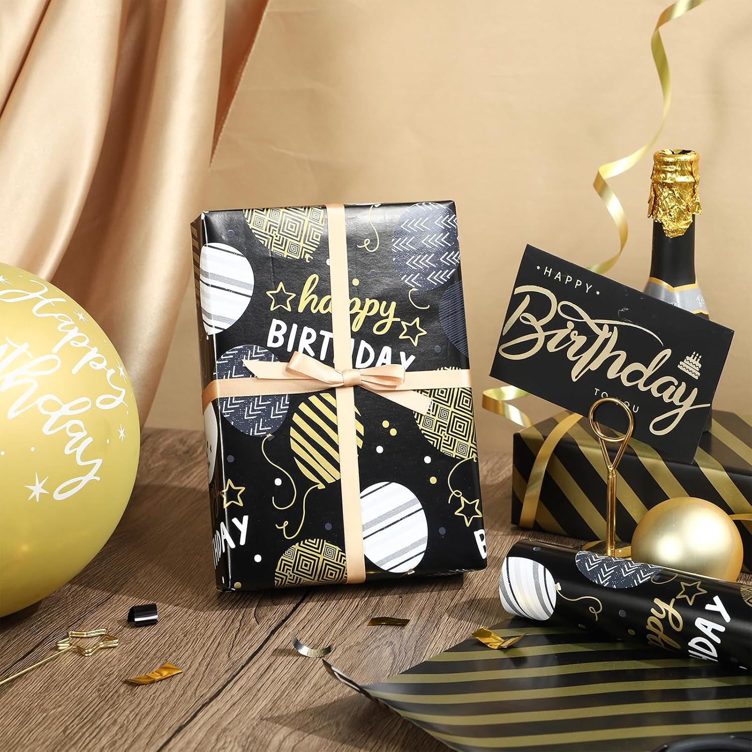 Reversible Wrapping Paper Roll For Birthday, Jumbo Roll, Black Gold Balloon Pattern Ideal For Birthday Party And Special Occasions, 30 Inches X 32.8 Feet