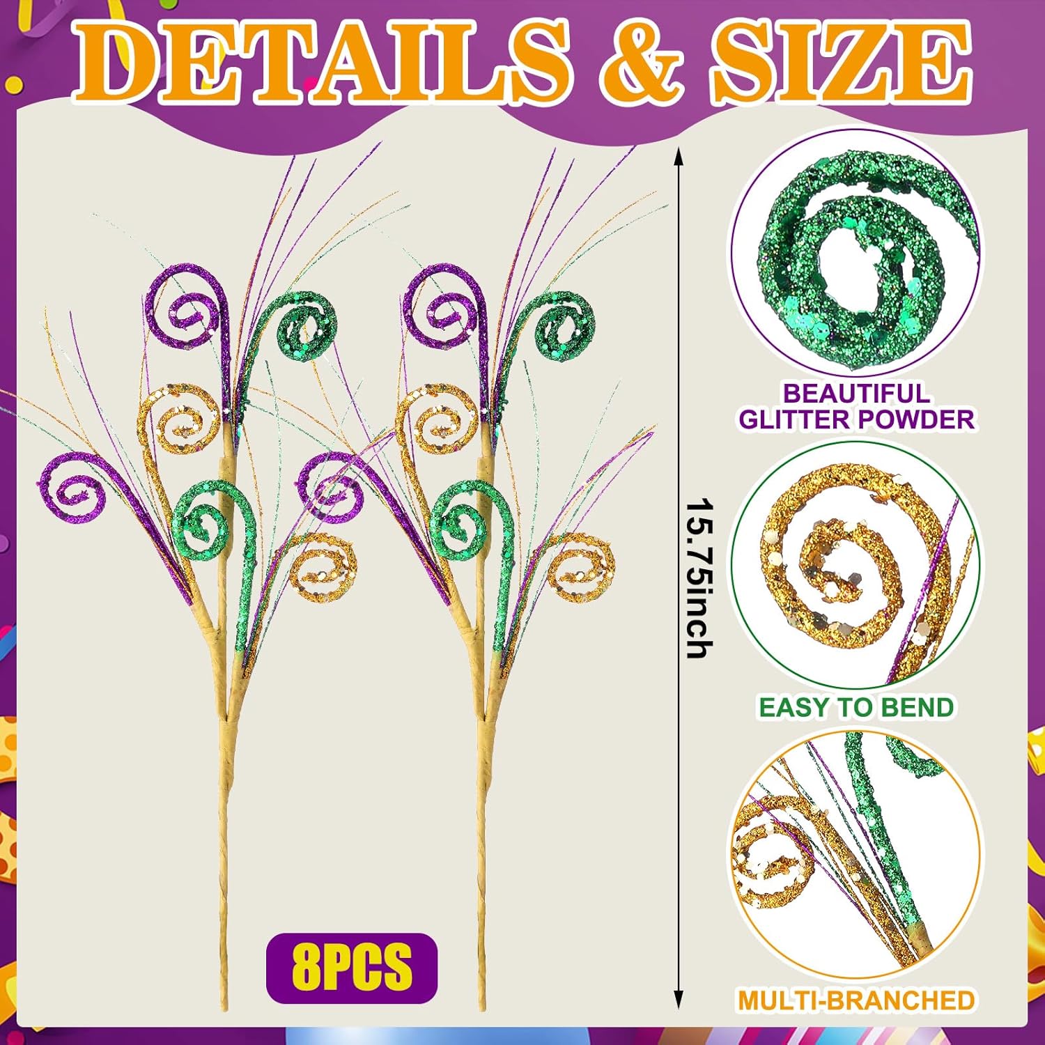 8 Pcs Mardi Gras Decoration Carnival Picks Ornaments Artificial Glitter Berry Stems Tree Decor 15.75 Inches Purple Green And Gold Branches For Mardi Gras Tree Table Party Decor(Curl)