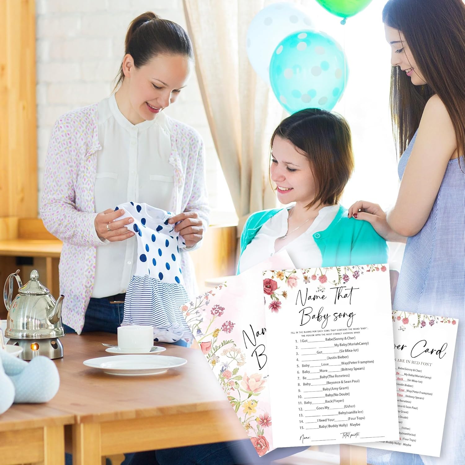 Floral Fill In Baby Shower Game Cards - Name That Baby Song Game For Boys & Girls - Watercolor Flowers Gender Reveal Party Activities For New Parents To Be - B08