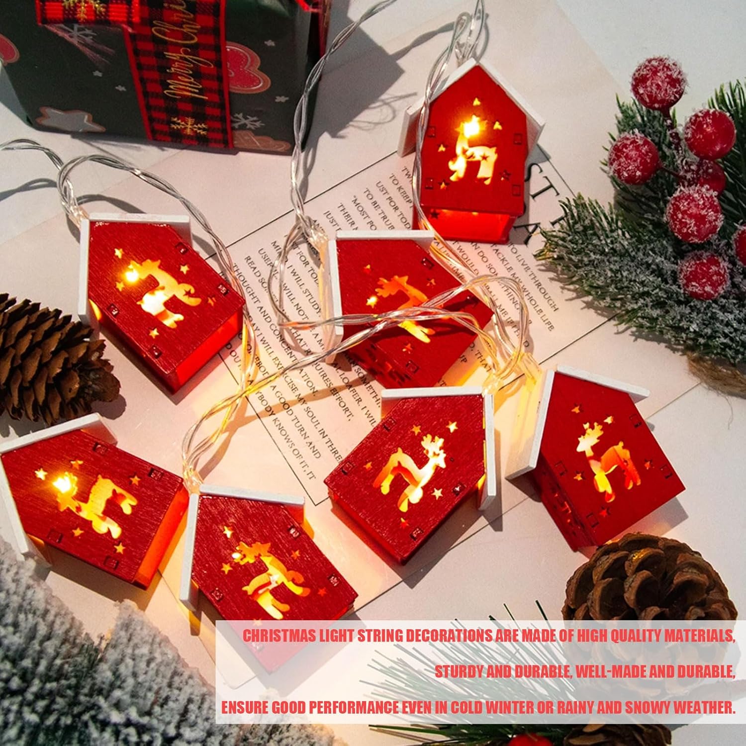 Christmas Lights, 6.56 Ft 10 Led Christmas Wooden House String Lights Battery Operated Xmas Tree Hanging Ornament Lights