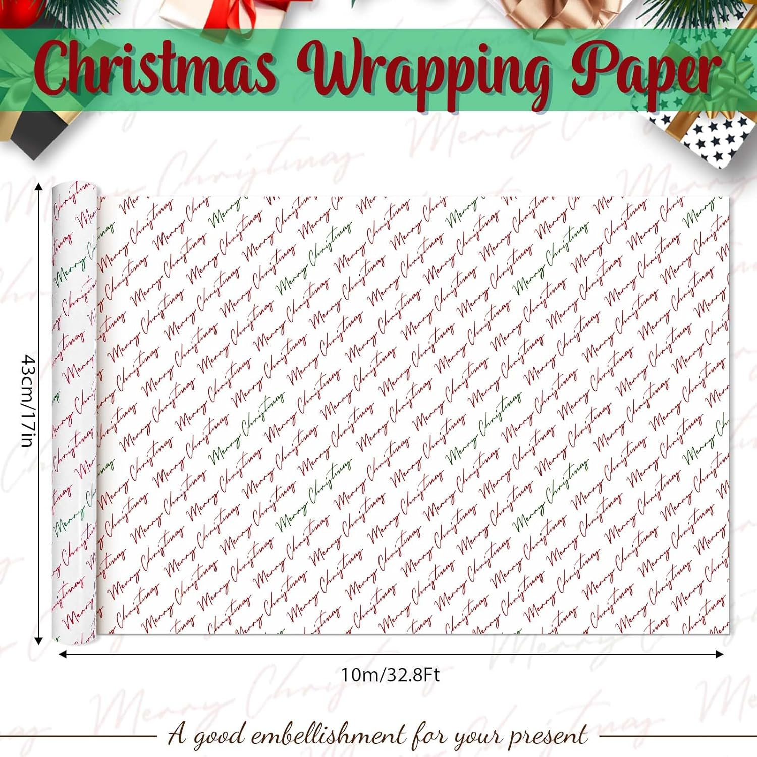 1Roll Christmas Wrapping Paper Red Green Merry Christmas Words Printed Gift Wrap Paper For Birthday Party Baby Shower Chrisrtmas Party Diy Craft Supplies, 17 Inch × 32.8 Ft