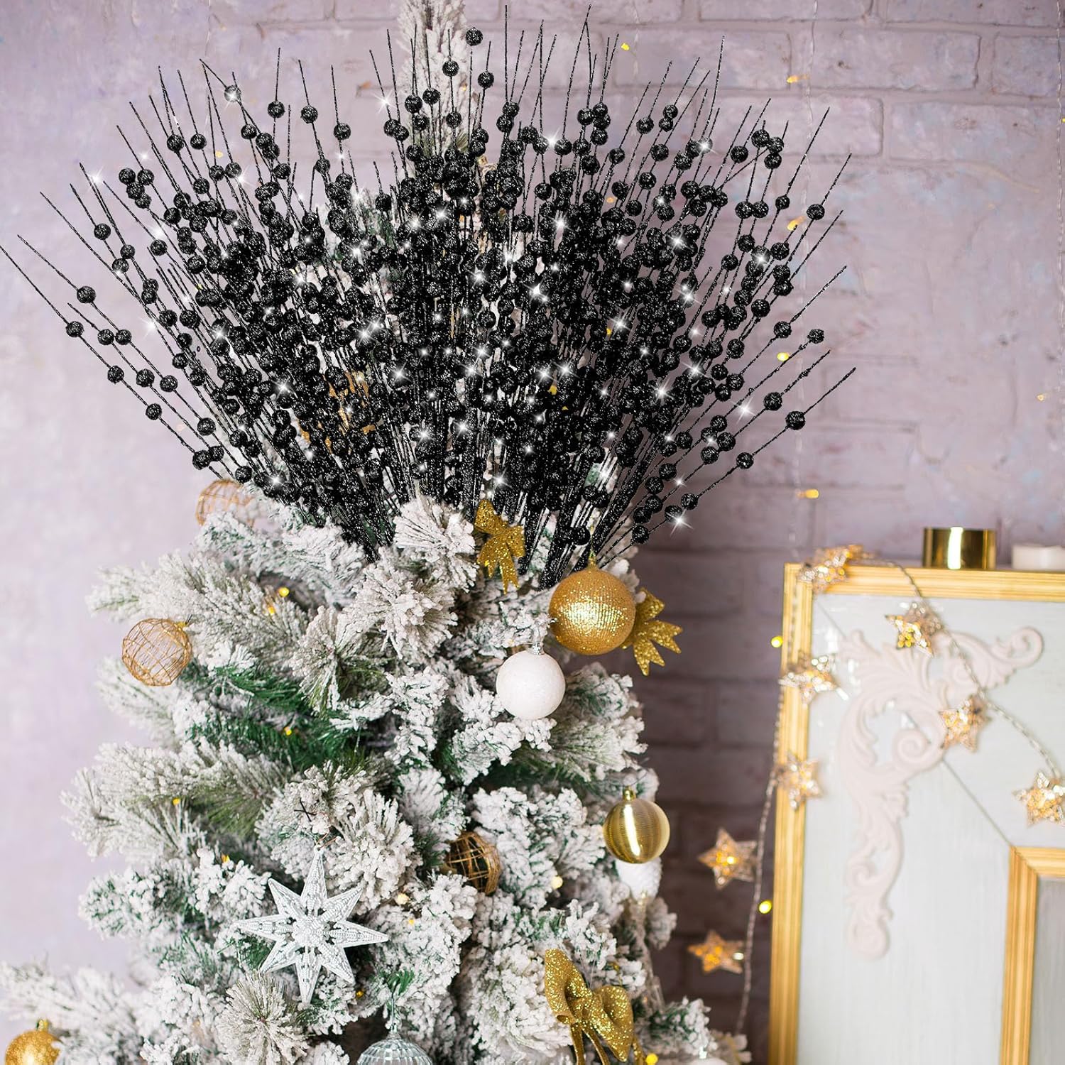 12 Pieces Christmas Artificial Glitter Berry Stems 15.7 Holly Berry Picks Ornaments Fake Christmas Tree Pick Sticks Decorations Glitter Twig Branches Gift For Vase Home Wedding Holiday (Black)