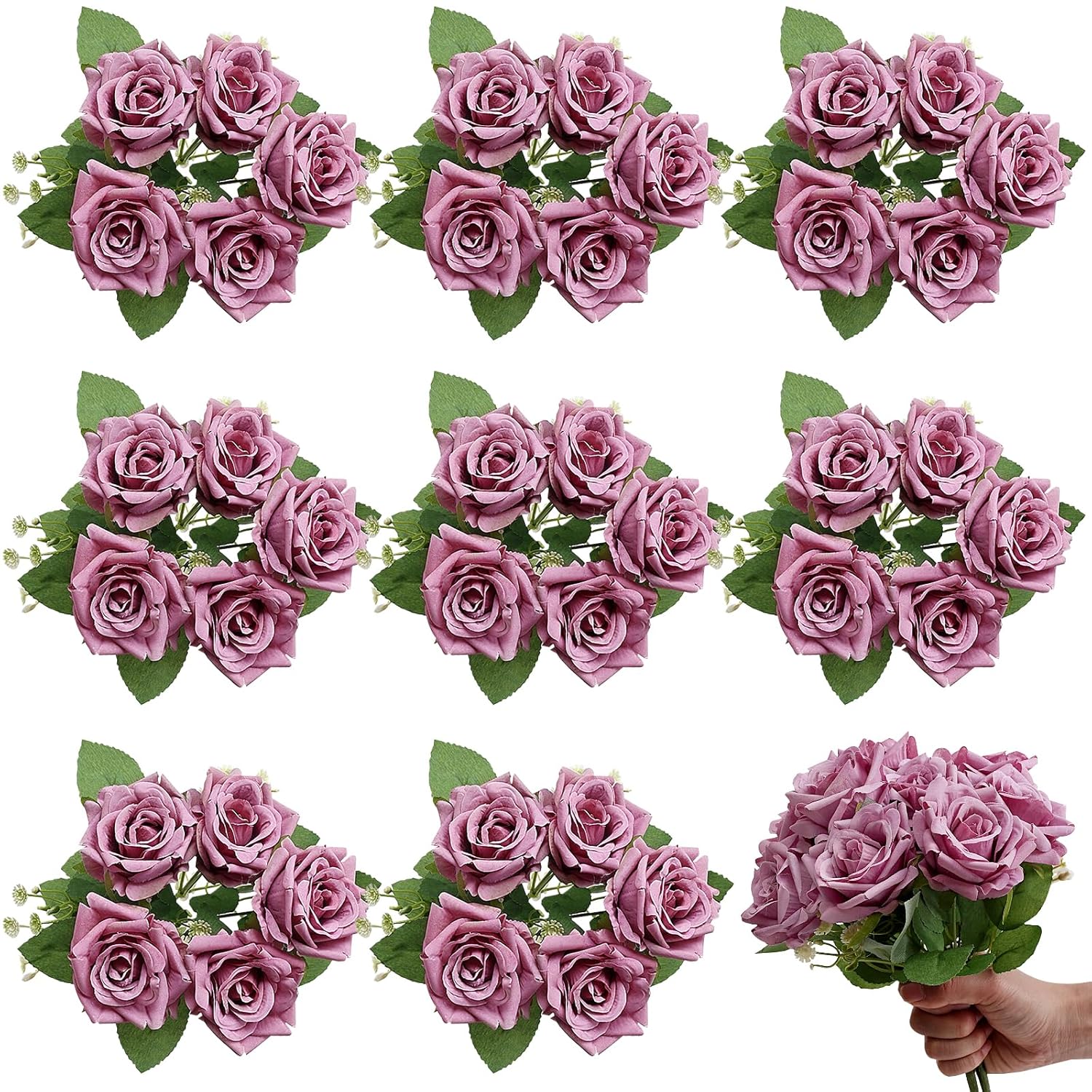 Purple Roses Artificial Flowers - 8 Bundles Fake Silk Rose Flower Realistic Faux Florals Bulk For Wedding Bridal Party Baby Shower Event Home Arrangements Centerpieces Decor (Dusty Purple)