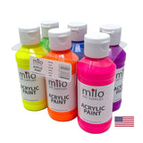 milo Fluorescent Acrylic Paint Set of 6 Colors | 4 oz Bottles | Student Neon Colors Acrylics Painting Pack | Made in the USA | Non-Toxic Art & Craft Paints for Artists, Kids, & Hobby Painters