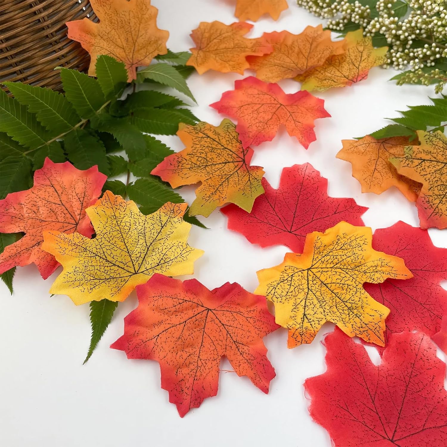 300 Pcs Fake Fall Leaves, 8Cm/3.15Inch Autumn Leaves, Fall Party Decorations Maple Leaf Cutouts Decor Artificial Plastic Craft Autumn Decoration Foliage For Thanksgiving Party Weddings