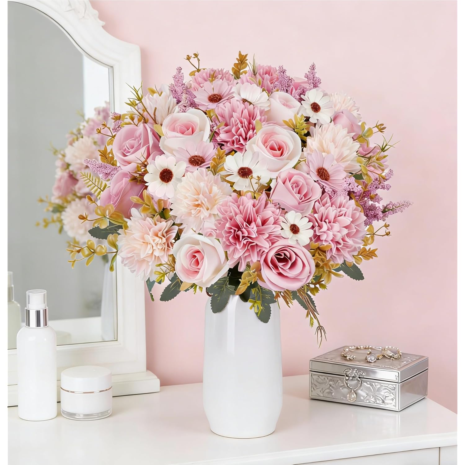 4 Pcs Pink Flowers Artificial With Chrysanthemum Flowers Fake Roses Bouquet Silk Flower Arrangements For Home Decor Wedding Party Table Centerpieces Decoration Indoor Outdoor