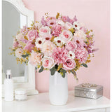 4 Pcs Pink Flowers Artificial With Chrysanthemum Flowers Fake Roses Bouquet Silk Flower Arrangements For Home Decor Wedding Party Table Centerpieces Decoration Indoor Outdoor