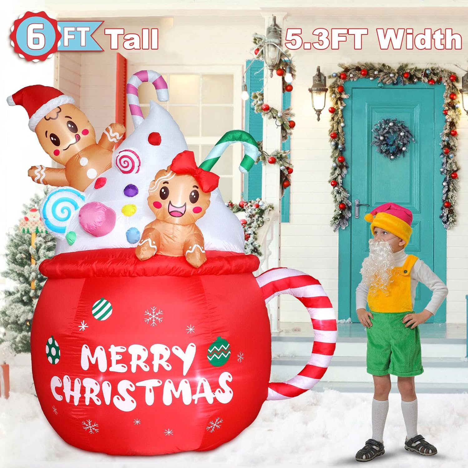 Christmas Inflatable Outdoor Decorations 6Ft Gingerbread Inflatables Christmas Blow Up Gingerbread Man Hot Cocoa Mug Can
