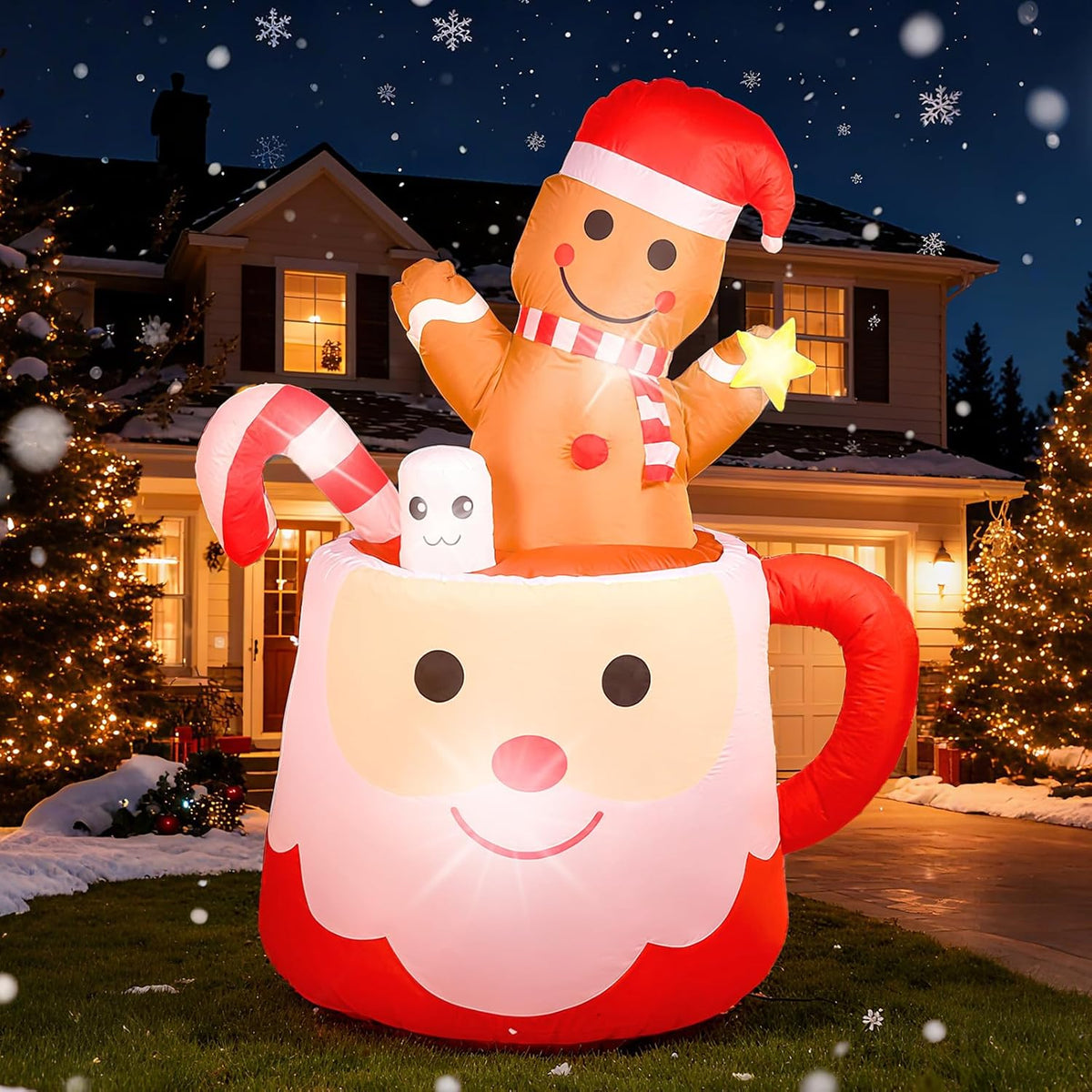 6Ft Gingerbread Christmas Inflatables Decorations Outdoor?Blow Up Christmas Decoration Gingerbread Man Mug With Built-In