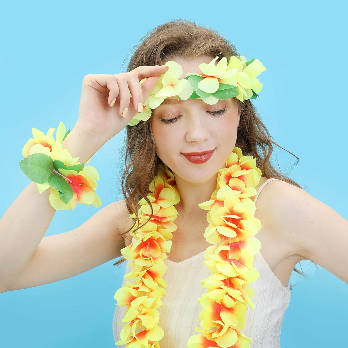 Lush Hawaiian Headpiece,Hawaiian Flower Leis Jumbo Necklace Bracelets Headband Set With Leaf For Hawaiian Luau Party Decoration Supplies (With Green Leaves) (Yellow Set)