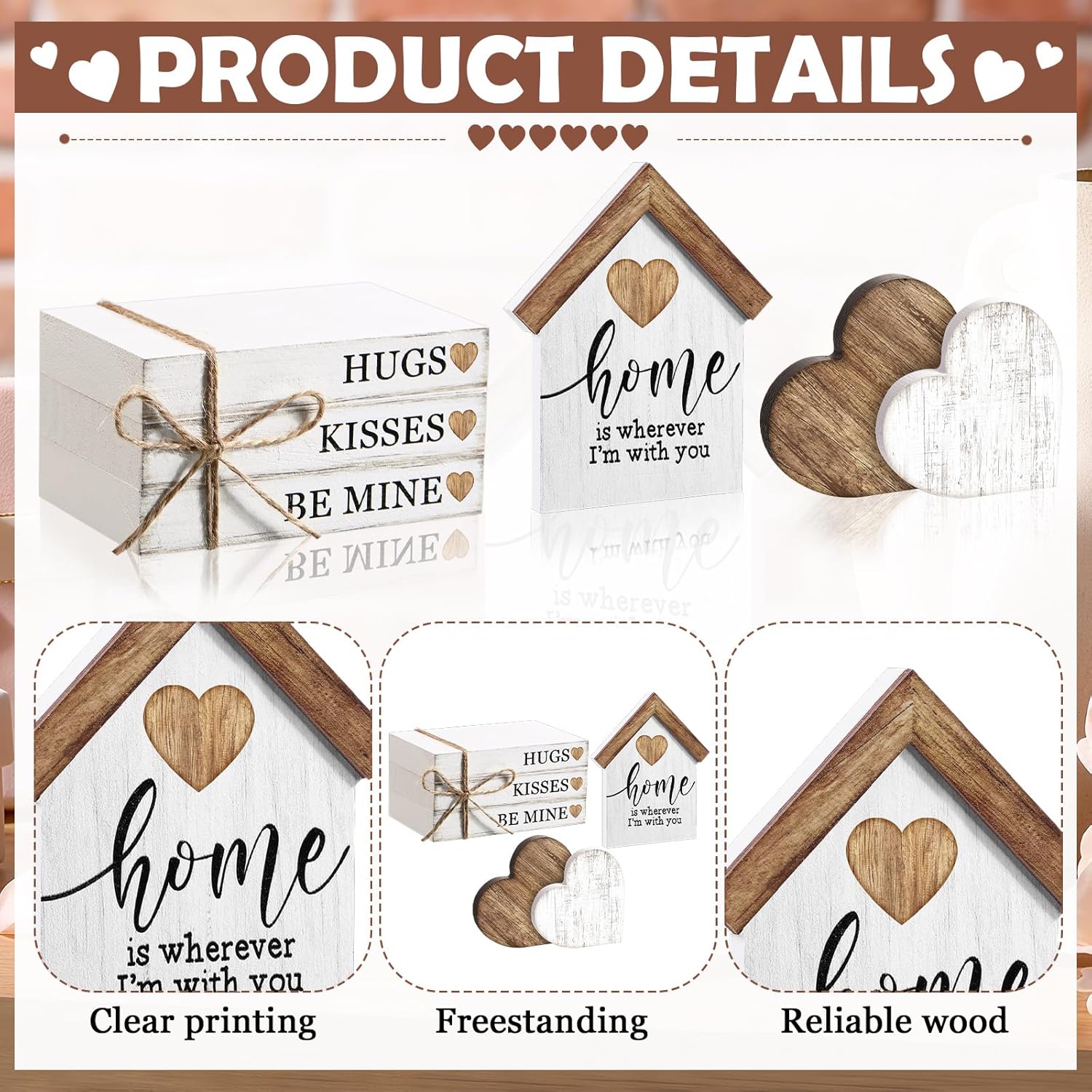 6 Pcs Valentines Decorations For Home Rustic Valentines Wood Block Set Farmhouse Book Stacks Wood Signs Table Centerpiece With Heart Blocks For Valentine'S Day Table Shelf Tiered Tray Decor