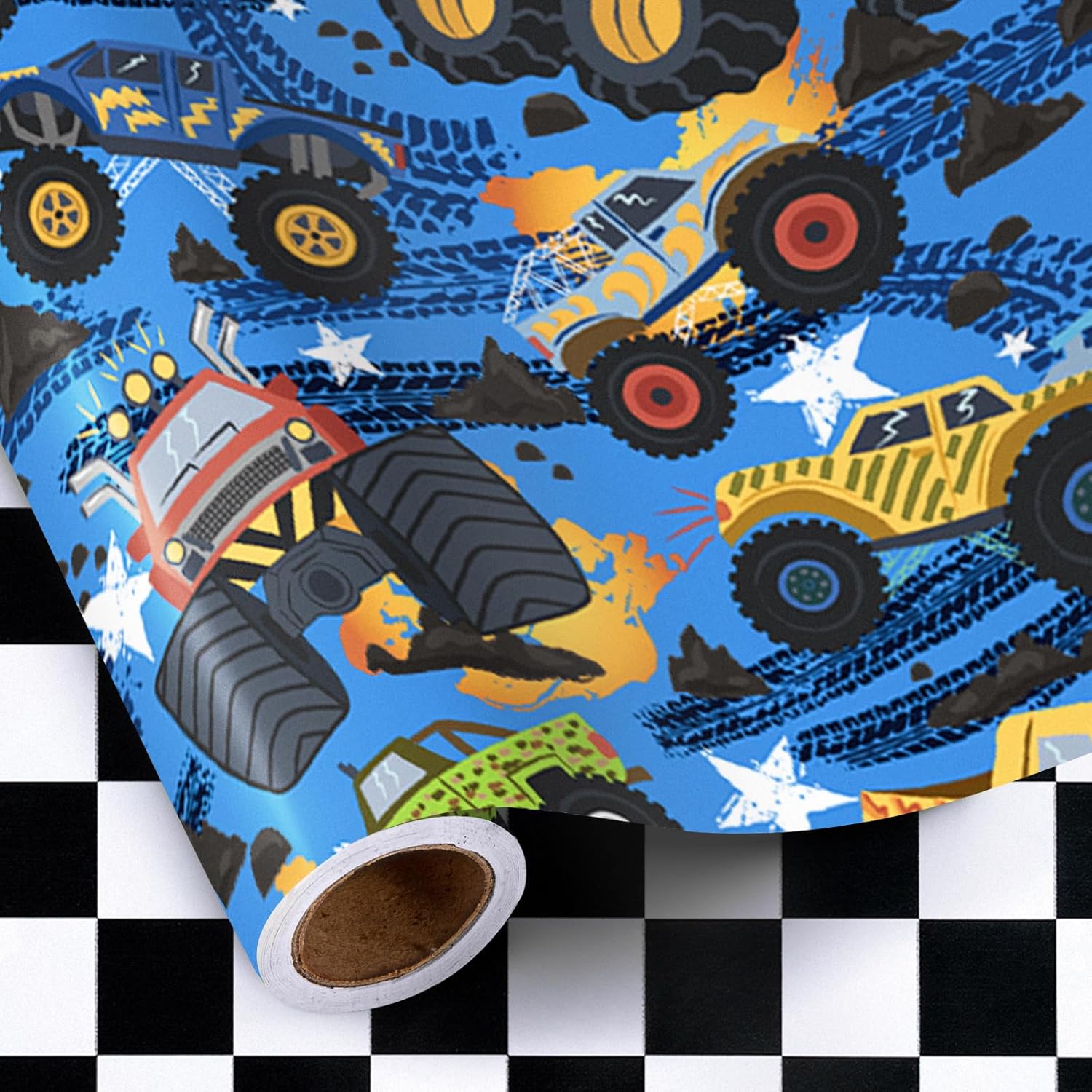 Reversible Monster Truck Wrapping Paper Roll, Mini Roll, Monster Truck And Checkered Design, Dark Blue Gift Wrap For Boys, Kids, Birthday Gifts, Themed Party And Holiday, 17 Inches X 16.4 Feet