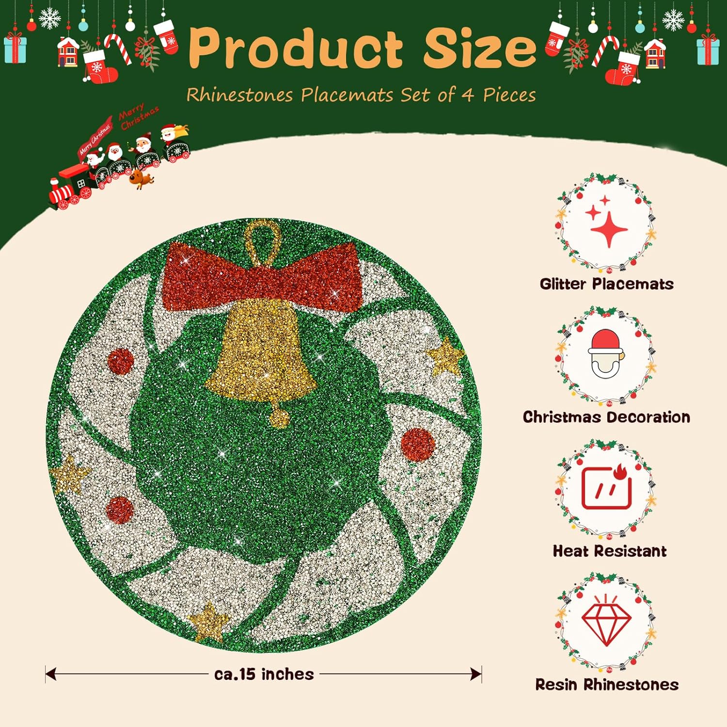 Christmas Placemats Set Of 4 Green Wreath Crushed Rhinestones Winter Xmas Glitter Decoration Table Mats For Christmas Holiday New Year Centerpiece Kitchen Table Party Tableware Decor 15 Inches
