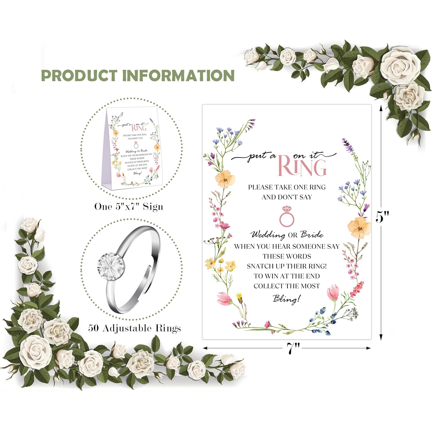 Boho Wildflowers Don'T Say Bride Or Wedding Game, Put A Ring On It Bridal Shower Game With 50 Fake Rings, Bridal Shower Decorations, Wedding Shower Or Bachelorette Party Supplies - 11