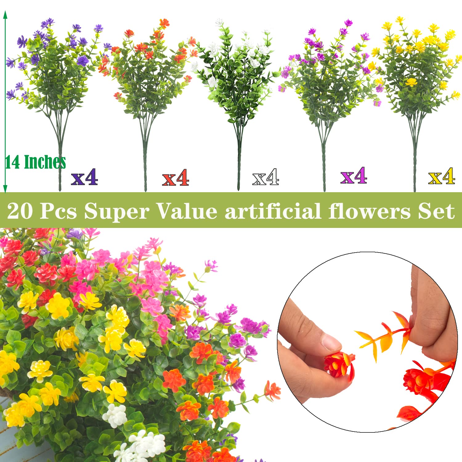 20 Bundles Outdoor Artificial Fake Flowers Uv Resistant Boxwood Faux Plastic Plants For Hanging Garden Porch Window Box Outside Decoration(Mix)