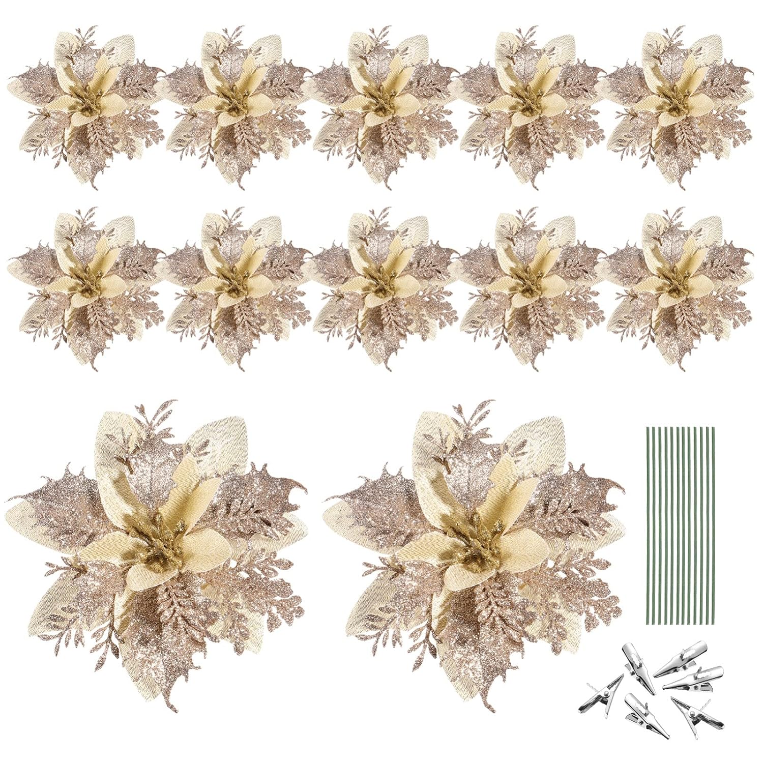 Christmas Glitter Artificial Poinsettia Flowers: 12Pcs Christmas Tree Flowers Ornaments- Xmas Party Decoration With 12Pcs Stems And Clips (Light Gold)