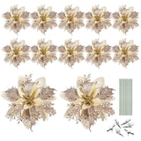 Christmas Glitter Artificial Poinsettia Flowers: 12Pcs Christmas Tree Flowers Ornaments- Xmas Party Decoration With 12Pcs Stems And Clips (Light Gold)