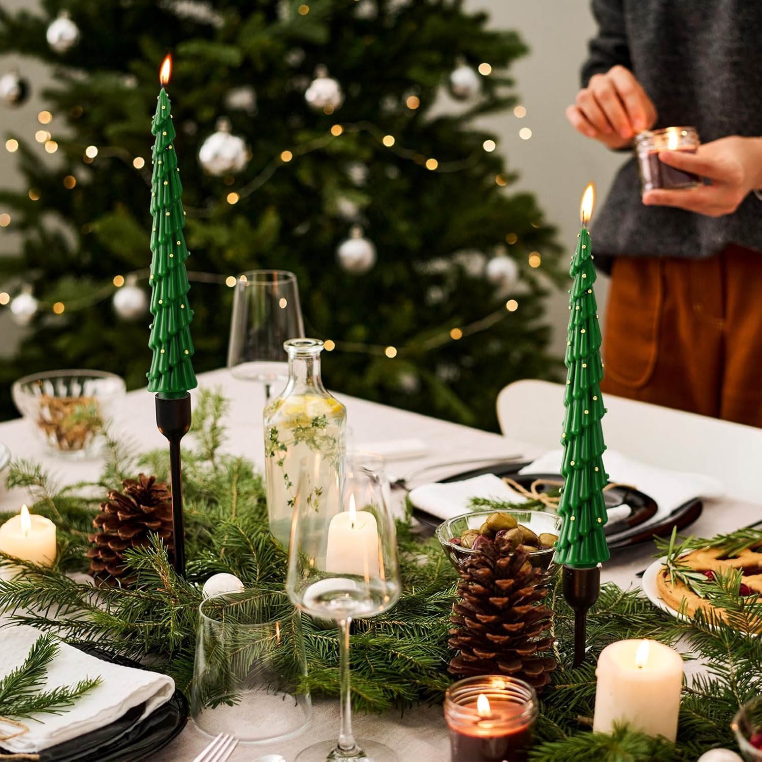 Green Christmas Tree Shaped Taper Candles 10 Inch Unscented Christmas Tree Candles Decorative Aesthetic Xmas Relaxation Gifts For Centerpiece Decorations(6 Pcs,Stylish)