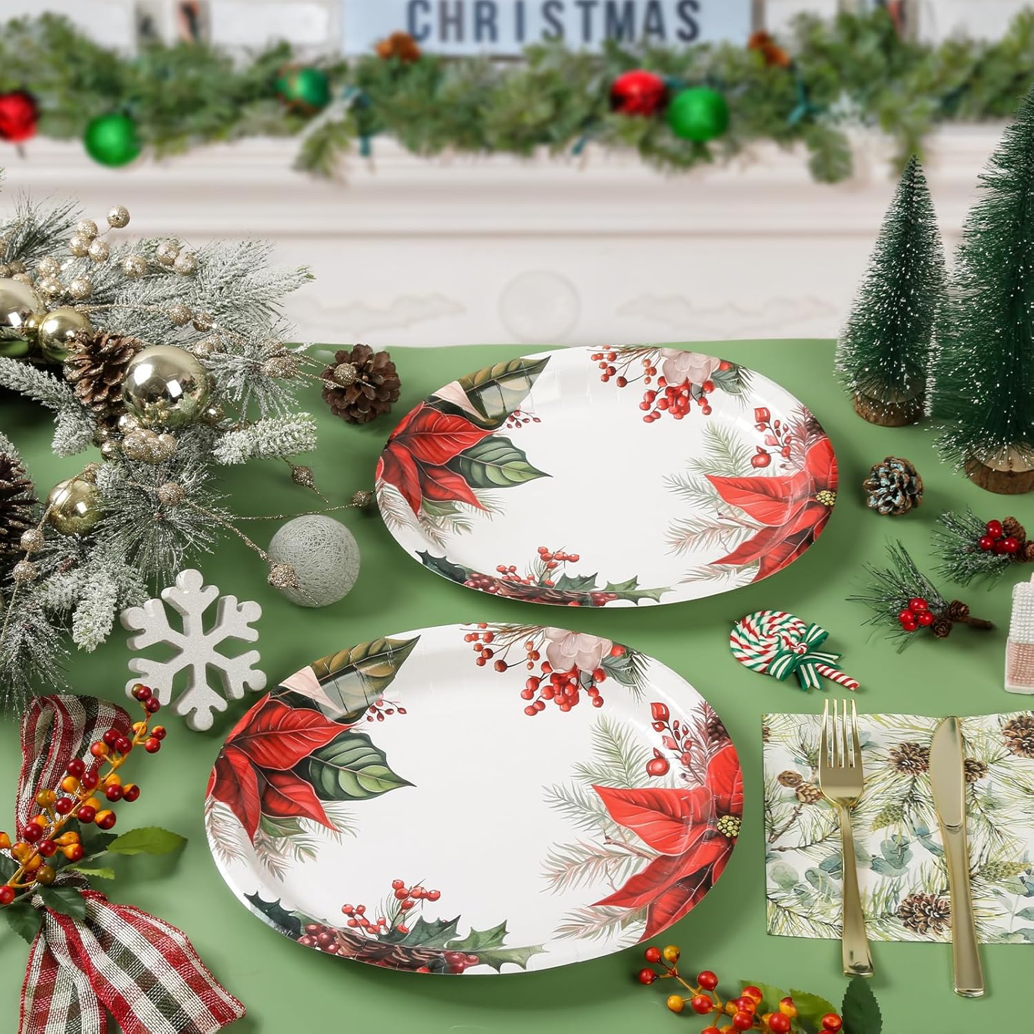50Pcs Christmas Paper Plates - Poinsettia Flower Oval Plates, Heavy Duty, Disposable Dinnerware Serving Tray For Christmas Holiday Party, 10 X 12 Inch
