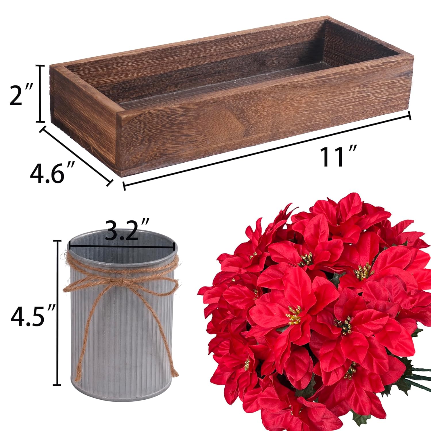 Poinsettia Flowers Artificial Christmas Decorations – 3 Pack Red Poinsettias In Galvanized Metal Pots With Wooden Box, Christmas Centerpiece Table Decorations For Home, Gifts & Office Party