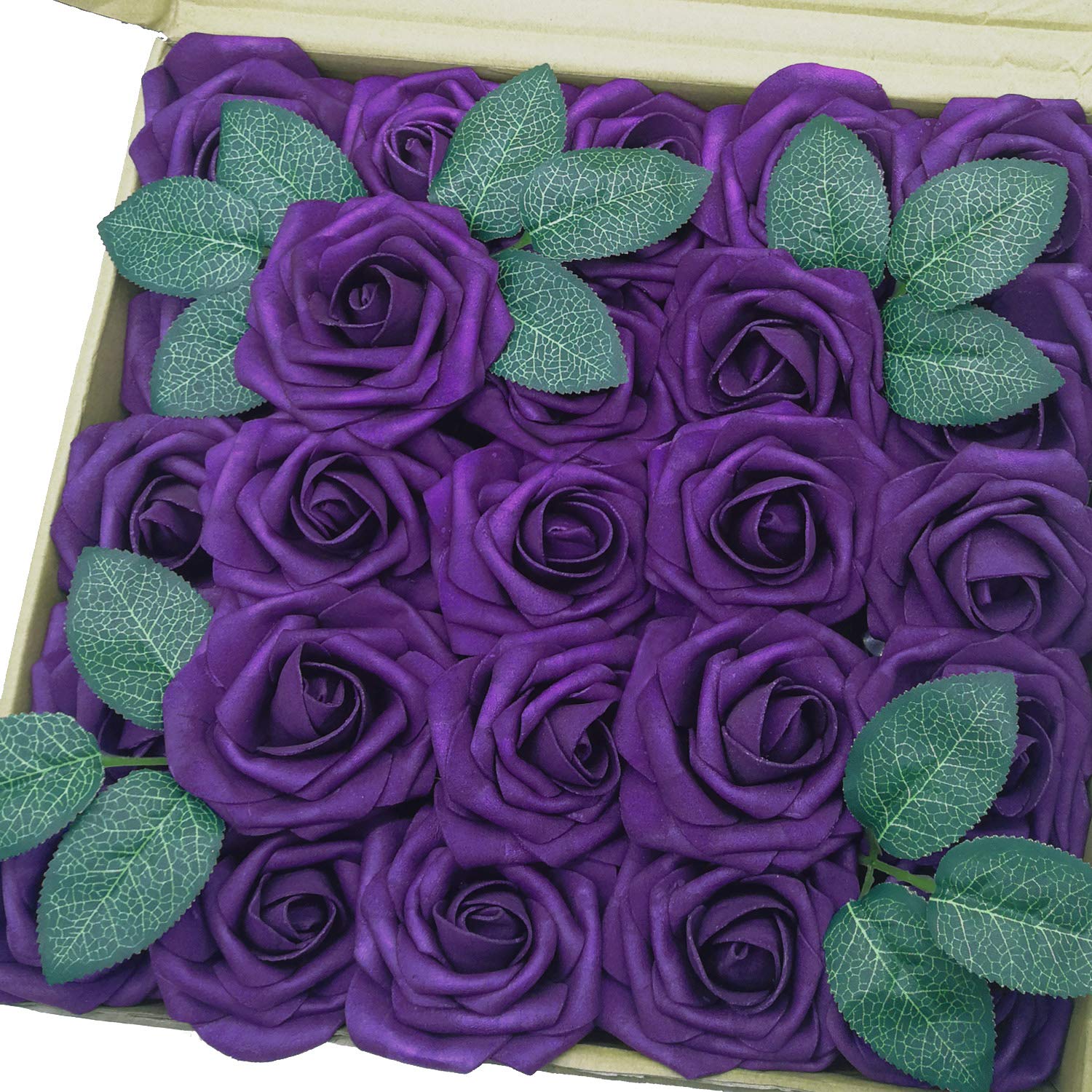 Artificial Flowers 50Pcs Real Looking Dark Purple Fake Roses With Stem For Diy Wedding Bouquets Centerpieces Party Baby Shower Home Decorations (Purple)