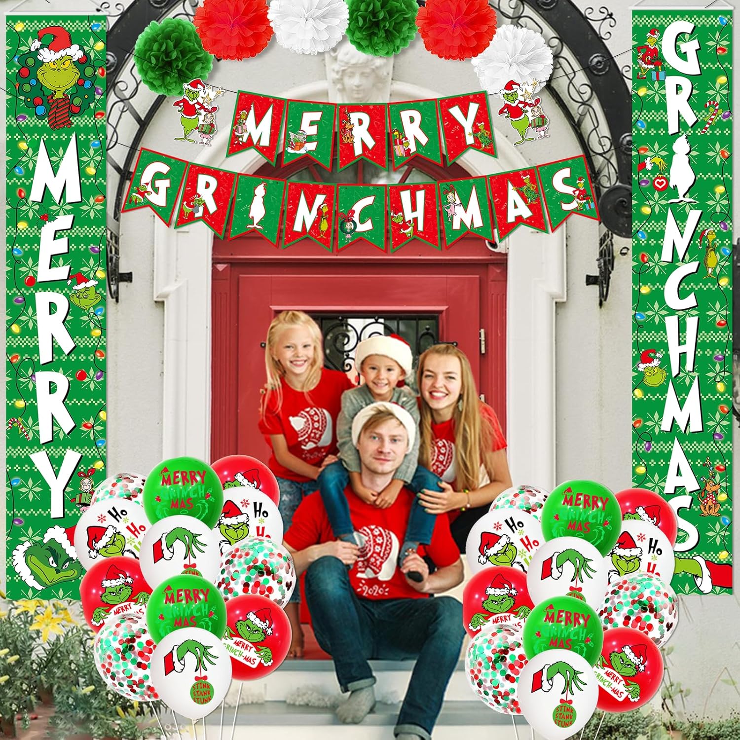 59Pcs Merry Christmas Decorations Backdrop Banner Porch Sign Hanging Outdoor Decorations Balloons For Party Supplies