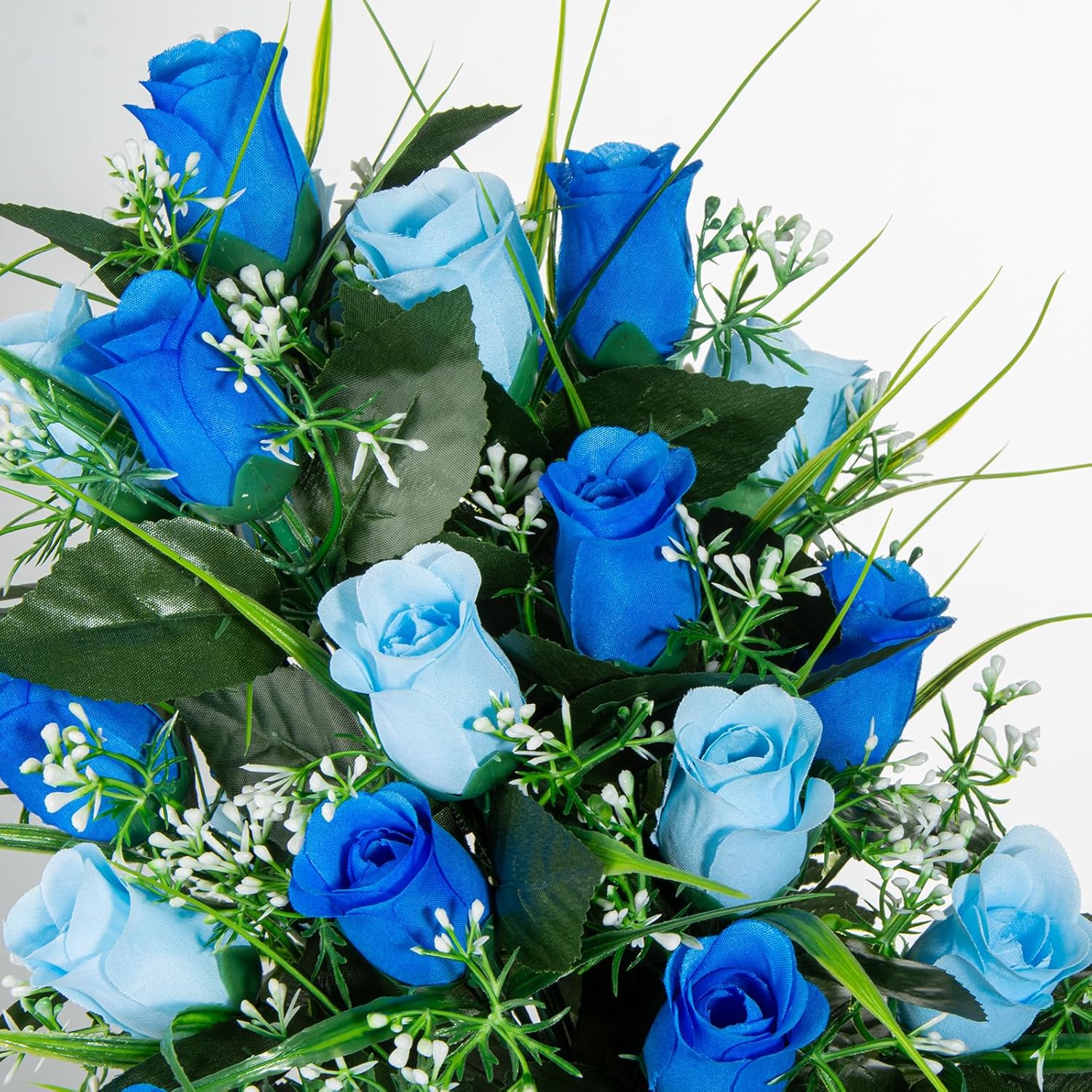 2 Sets Artificial Cemetery Flowers, Grave Decorations Roses, Memorial Flowers Bouquet With Vase For Grave Cemetery Decoration (Dark Blue&Light Blue)