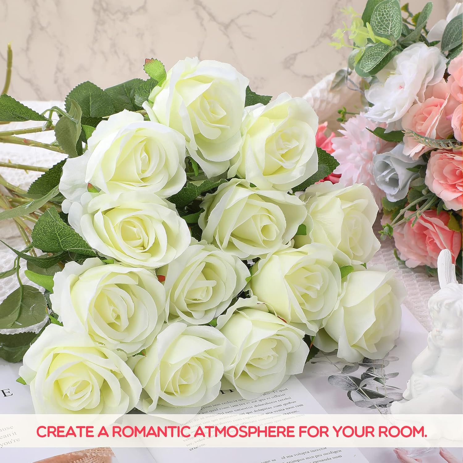 100 Pieces Artificial Roses Flowers Bulk, Long Stem Realistic Fake Silk Roses Bouquet For Table Centerpiece Vases Wedding Party Kitchen Decor(White)