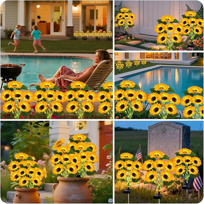 4 Pack Solar Sunflower Lights 24 Flowers Waterproof Garden Stakes for Yard Patio Lawn