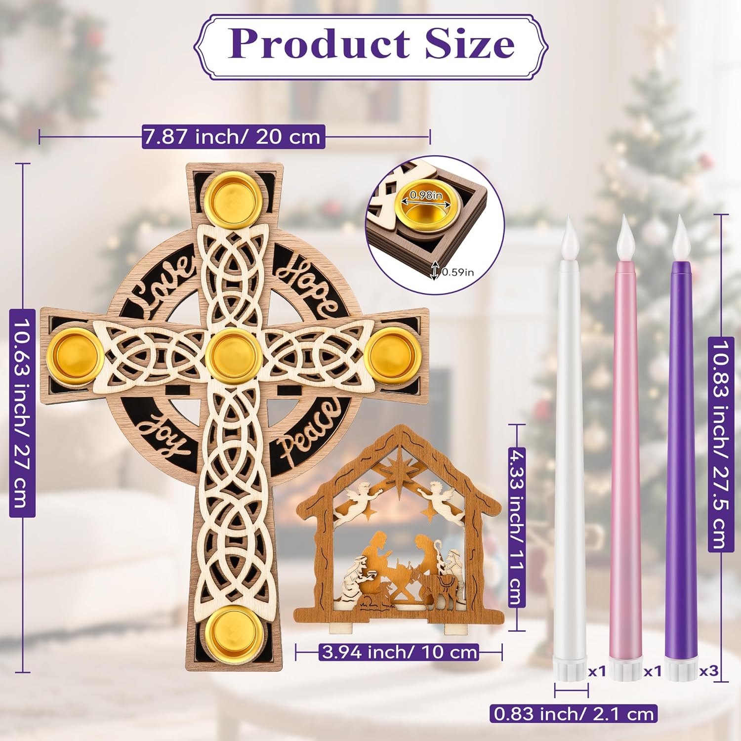 Christmas Advent Wreath Candle Holder With 5 Pcs Flameless Advent Candle, Wood Cross Shaped Nativity Scene Candlestick With Celtic Knot For Christmas Home Church Table Centerpiece Decor