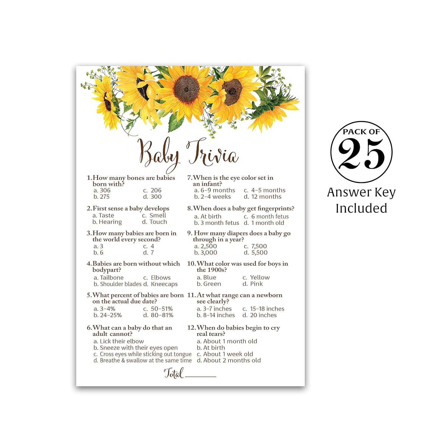 Sunflower Baby Shower Trivia Game – Pack Of 25 Cards – Gender Neutral Yellow Rustic Summer Fall Baby Shower Games, Autumn Or Halloween Baby Party Game, Fun Baby Shower Activity G335-Trv