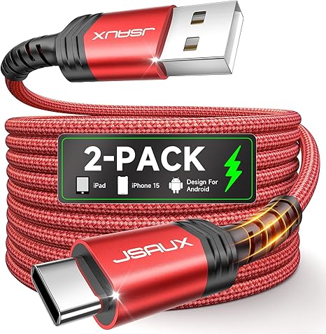 2 Pack USB A to USB C Fast Charging Cable 6.6FT for iPhone 17 16 15 Samsung Galaxy CarPlay Red