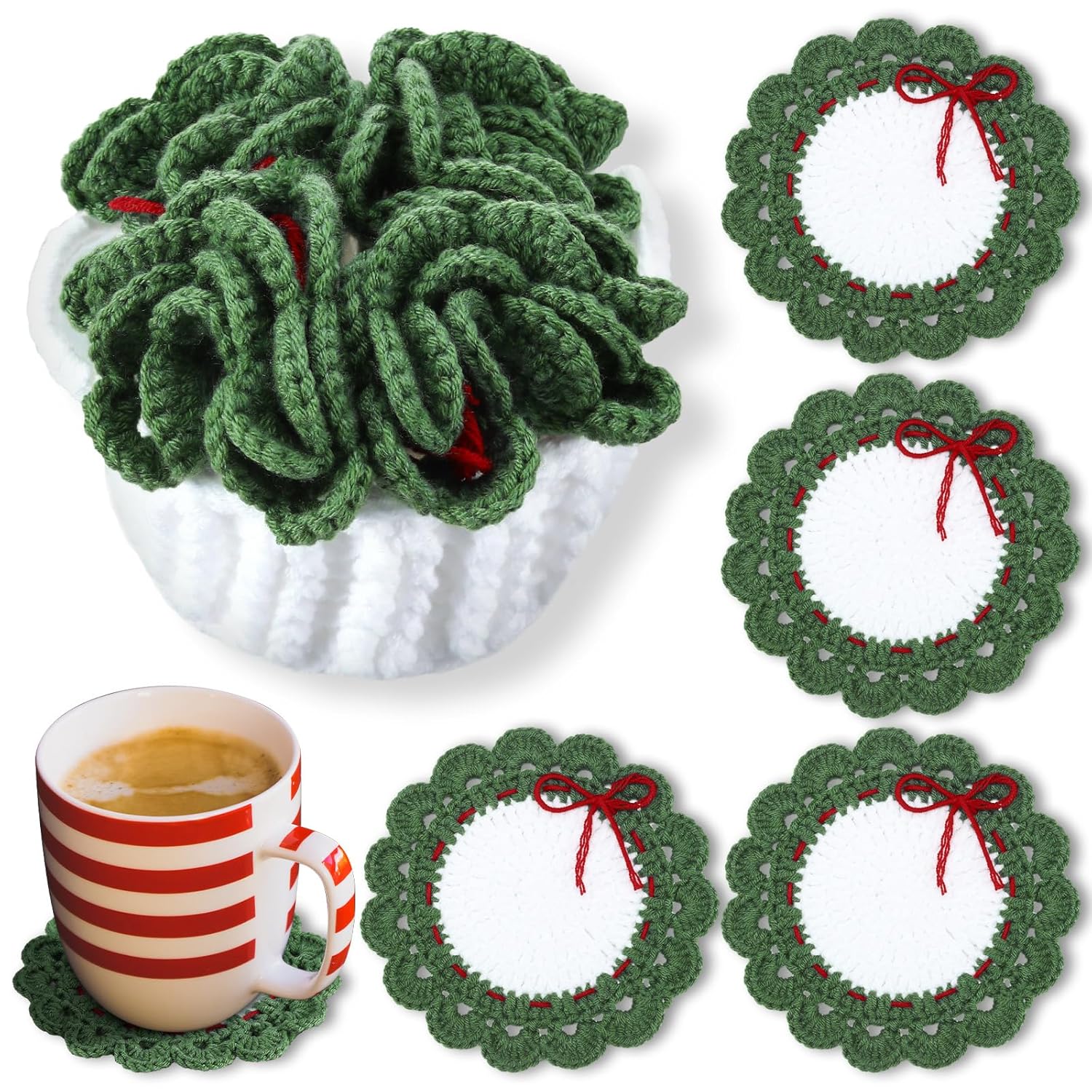 5 Pcs Wreath Crochet Coaster Set Wreath Coaster With White Pot Storage Basket Handmade Present Woven Cup Mats Kit For Holiday Party Gifts Kitchen Office Home Decor
