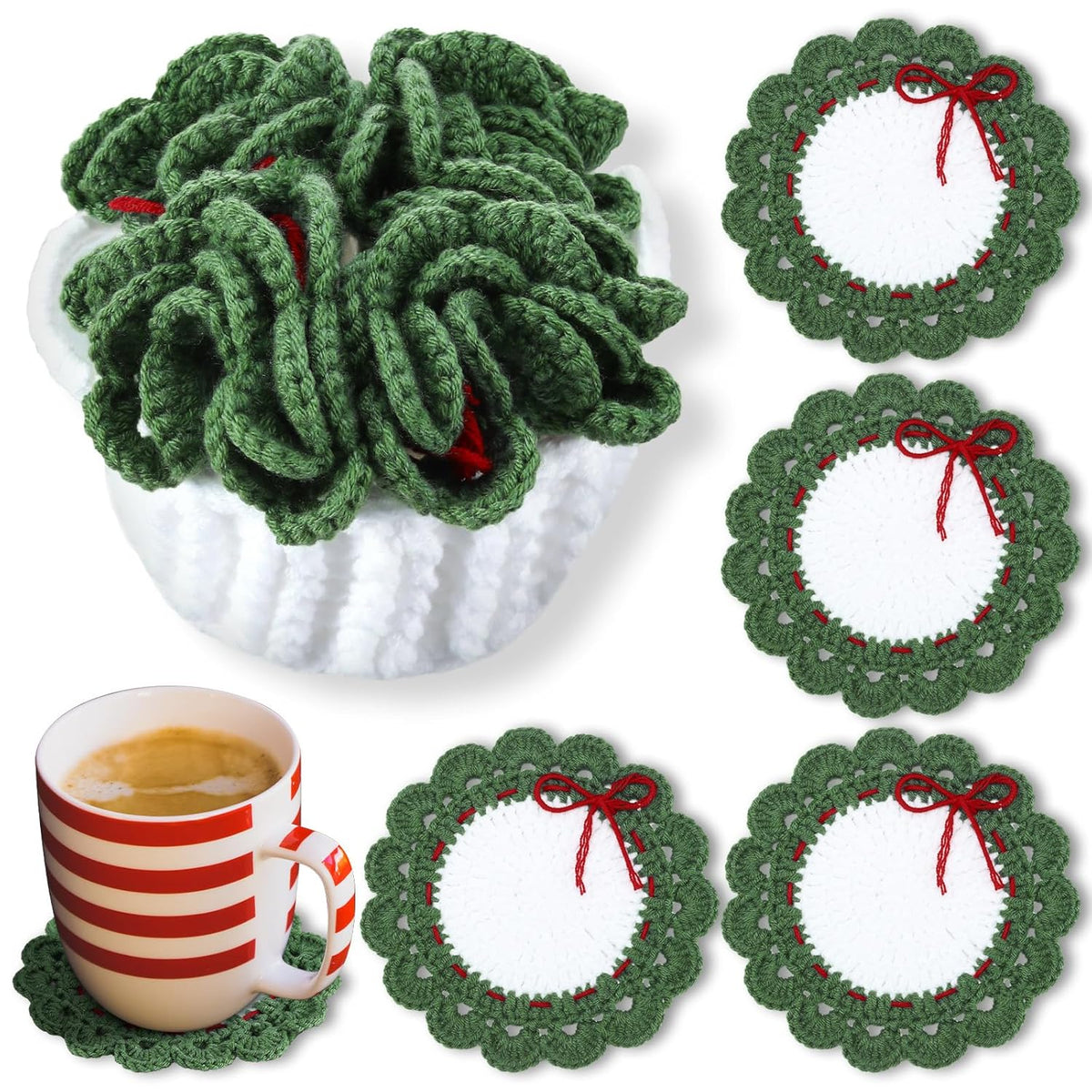 5 Pcs Wreath Crochet Coaster Set Wreath Coaster With White Pot Storage Basket Handmade Present Woven Cup Mats Kit For Holiday Party Gifts Kitchen Office Home Decor
