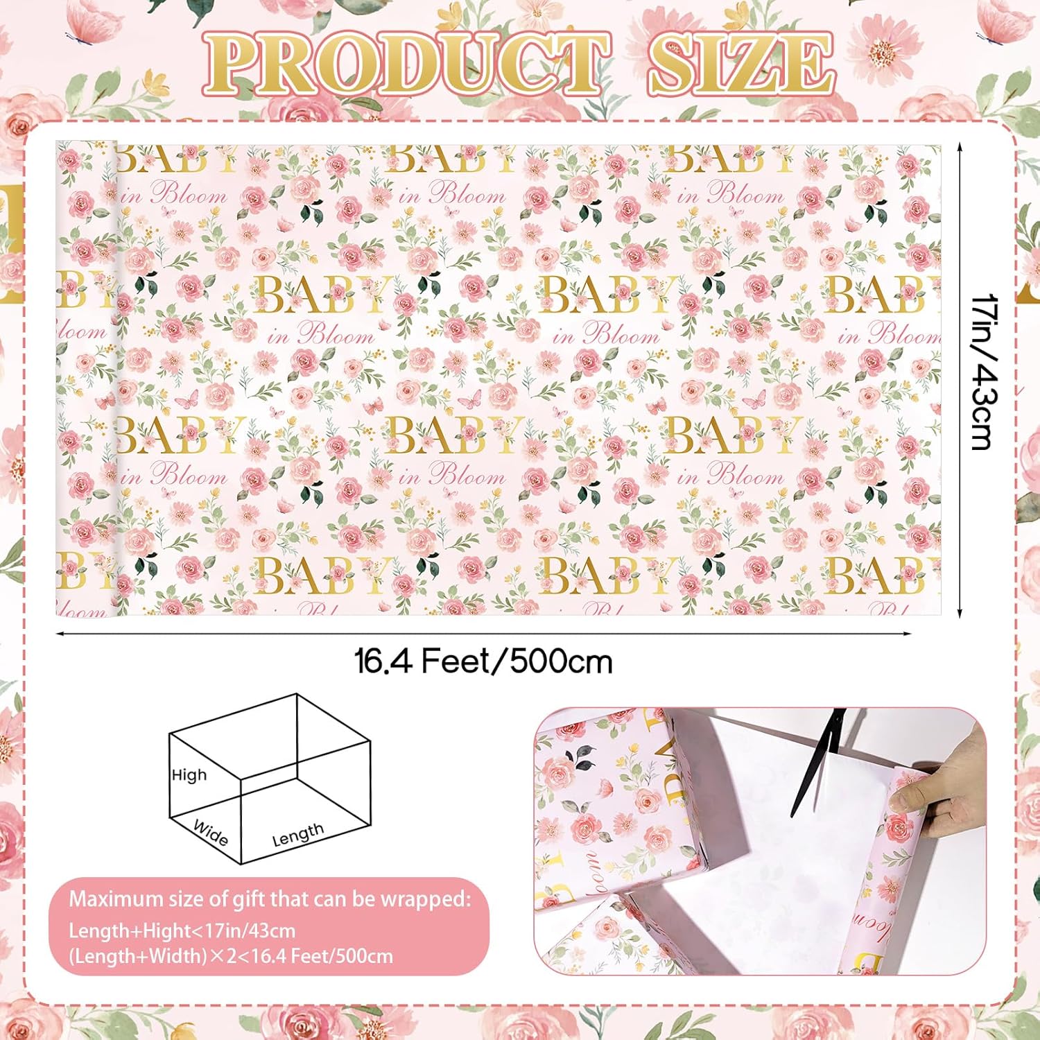 Baby Girl Gift Wrapping Paper Roll Flower Baby Shower Theme Wrapping Paper Pink Newborn Gift Wrap With Rose Green Leaf Butterfly Design For Birthday Christmas Party Supplies, 17 Inch X 16.4 Feet