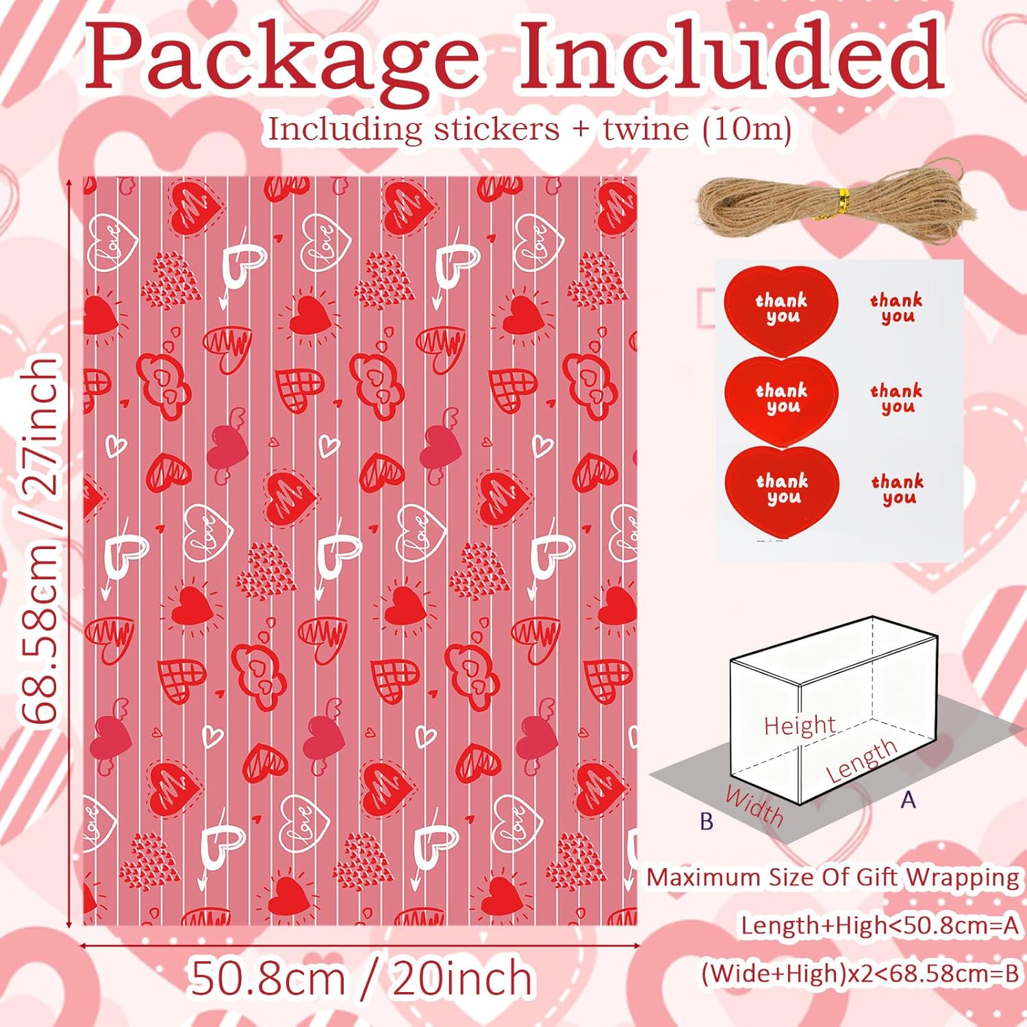 12 Sheets Love Wrapping Paper, Red White Heart Wrapping Paper, Gift Wrap Papers With Jute Twine Sticker For Anniversary Wedding Birthday Party Baby Shower Christmas Diy Crafts Gift Packing, 20 X 27 Inch