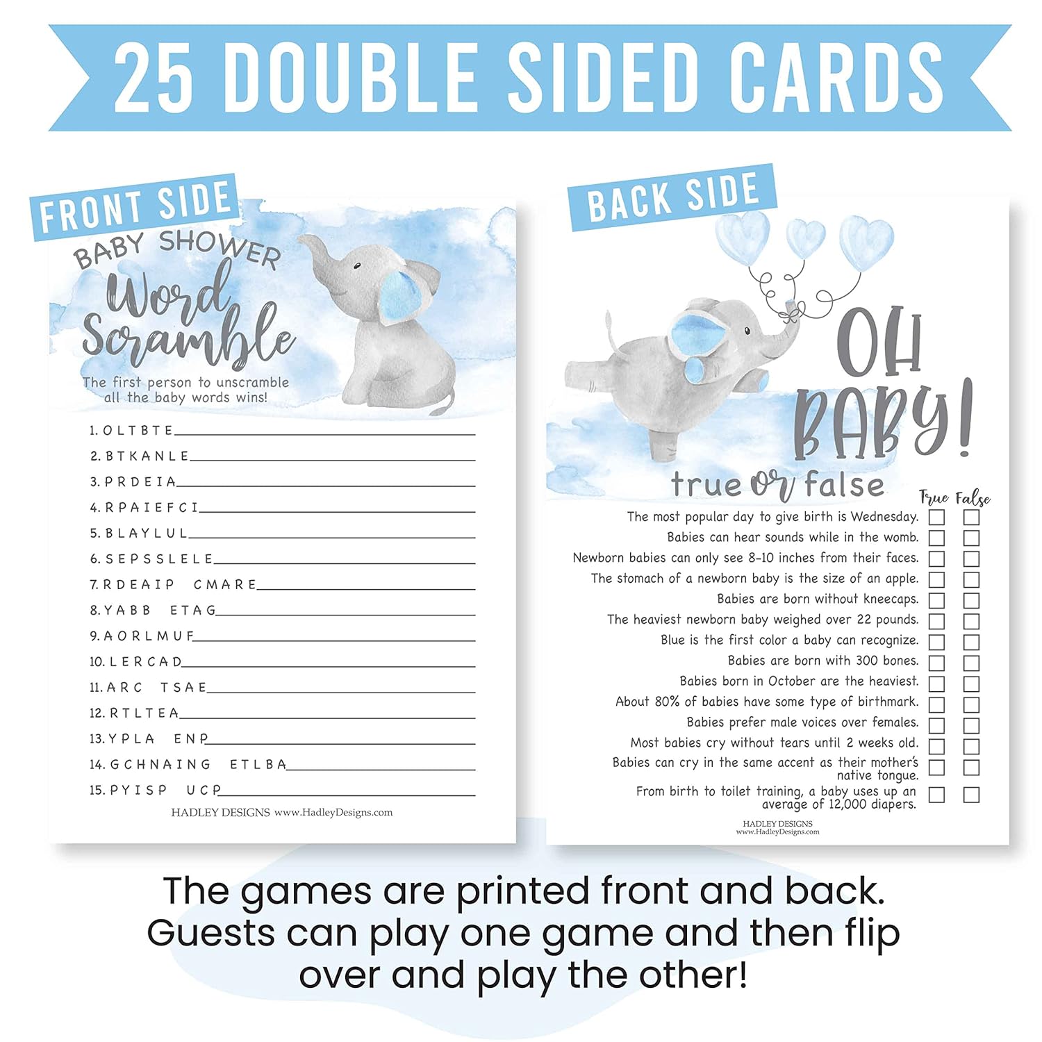 Baby Shower Games For 25 Guests - Blue Elephant Boy Baby Shower Games Word Scramble, True Or False Babyshower Game Boy, Gender Reveal Game, Made In Usa