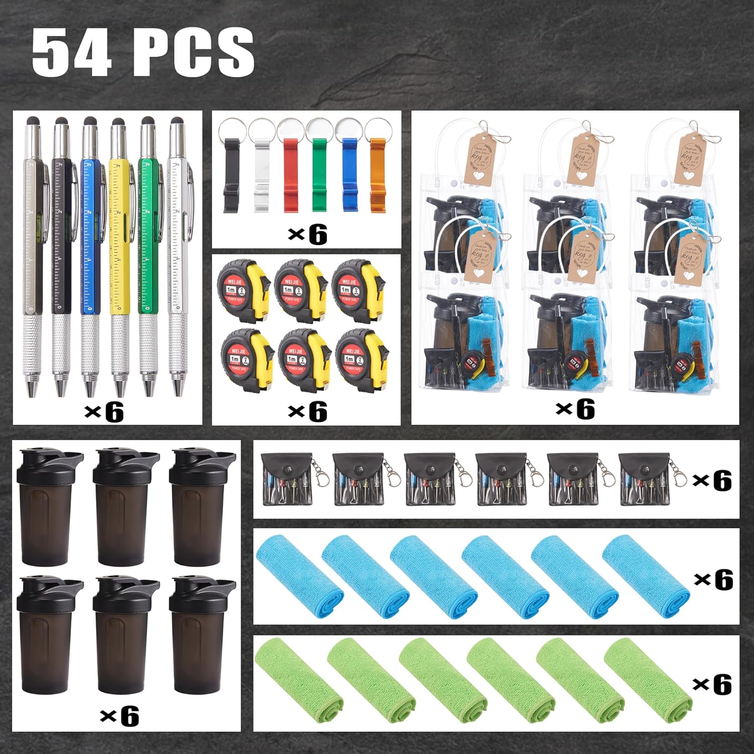 6 Sets Adults Sprinkle Gifts 54 Pcs With Multi-Tool Kit For Men Includes Bottle Opener, Pen, Precise Tape Measure With Cleaning Cloth, Ideal For Adult Party Game Prizes (Mixed Colors)