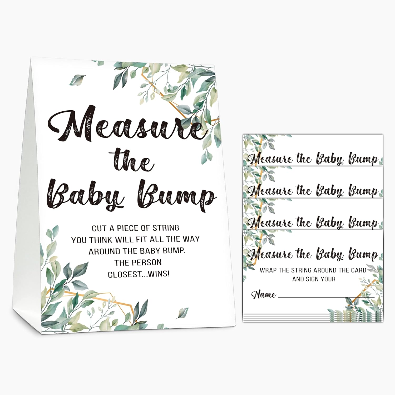 Baby Shower Game Set, Measure The Baby Bump(1 Standing Sign + 50 Find Cards), Neutral Greenery How Big Is Mommy'S Belly Party Game, Eucalyptus Gender Reveal Party Favor Decor(A01)