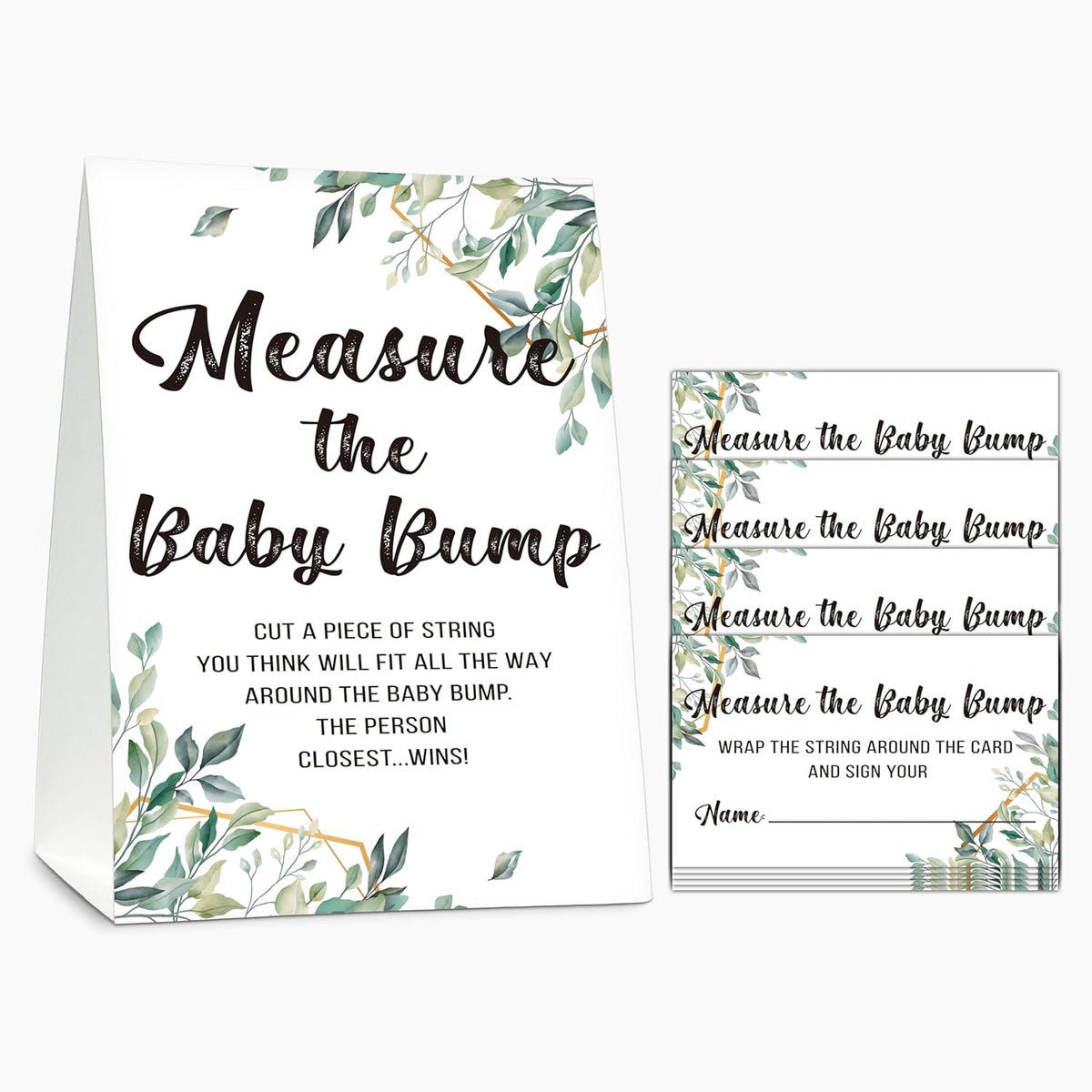 Baby Shower Game Set, Measure The Baby Bump(1 Standing Sign + 50 Find Cards), Neutral Greenery How Big Is Mommy'S Belly Party Game, Eucalyptus Gender Reveal Party Favor Decor(A01)