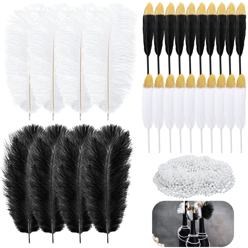 32 Pcs Black White 6-8 Inch Natural Ostrich Feathers 48 Pcs Gold Tippe