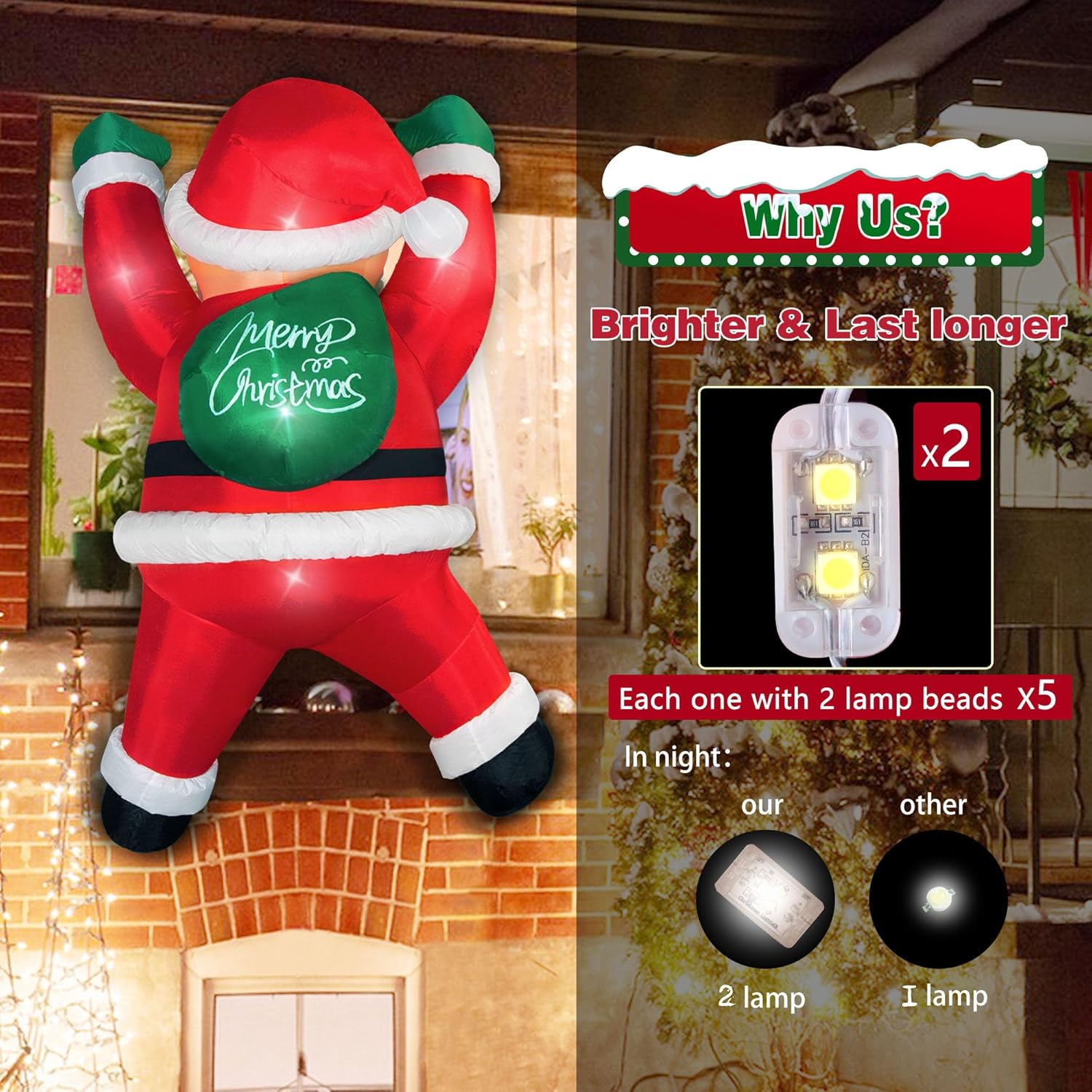 6Ft Christmas Inflatables Outdoor Decorations Joy Hanging Santa Claus Gift Bag, Bright Led Lights Blow Up Giant Christma