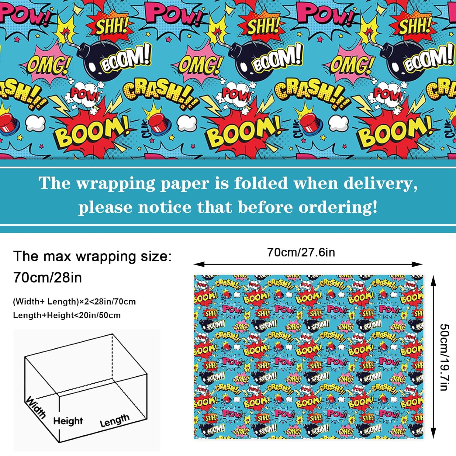 12 Sheet Comic Wrapping Paper -Not Roll- Colorful Cartoon Boom Gift Wrap Paper Folded Flat Art Paper For Diy Crafts Gift Wrapping, 19.7 X 27.6 Inch