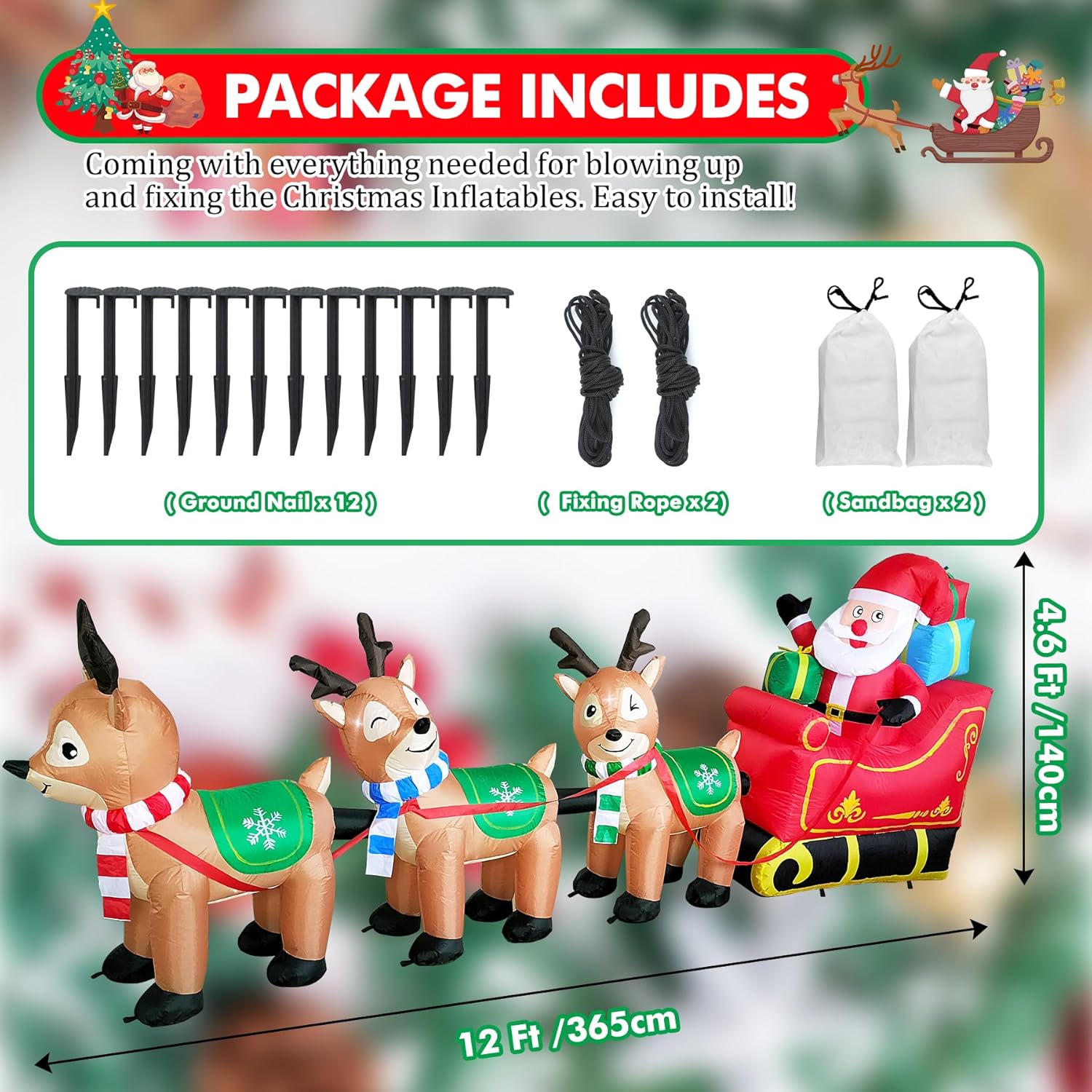 12 Ft Christmas Inflatables Outdoor Decorations Giant Blow Up Yard Decorations Inflatable Santa Claus On Sleigh And 3 Re