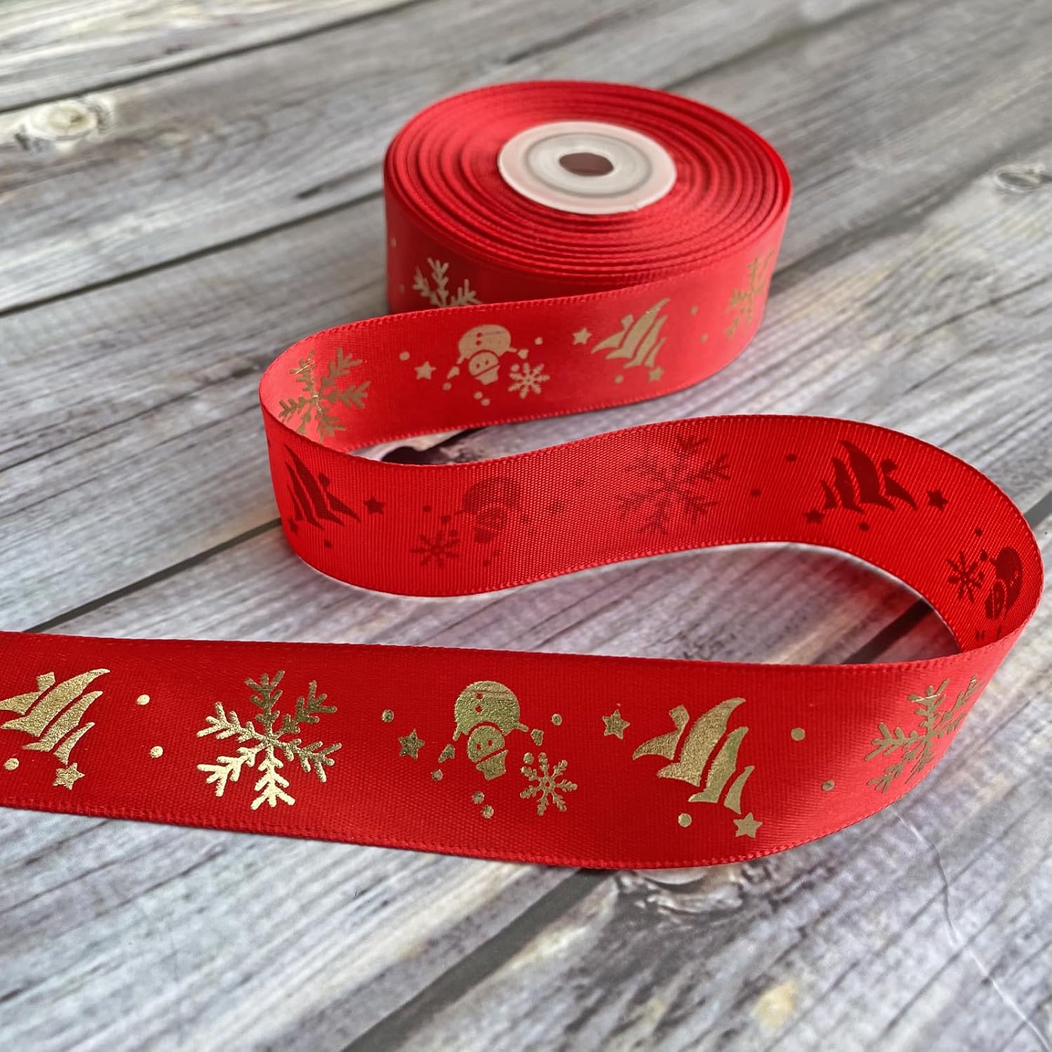 25Y Christmas Ribbon Satin, 1 Inch Wide Printed Ribbons With Golden Christmas Tree Snowman Snowflakes, Merry Christmas Ribbon For Kids Gift Packaging Wrapping Craft Decoration (Red)