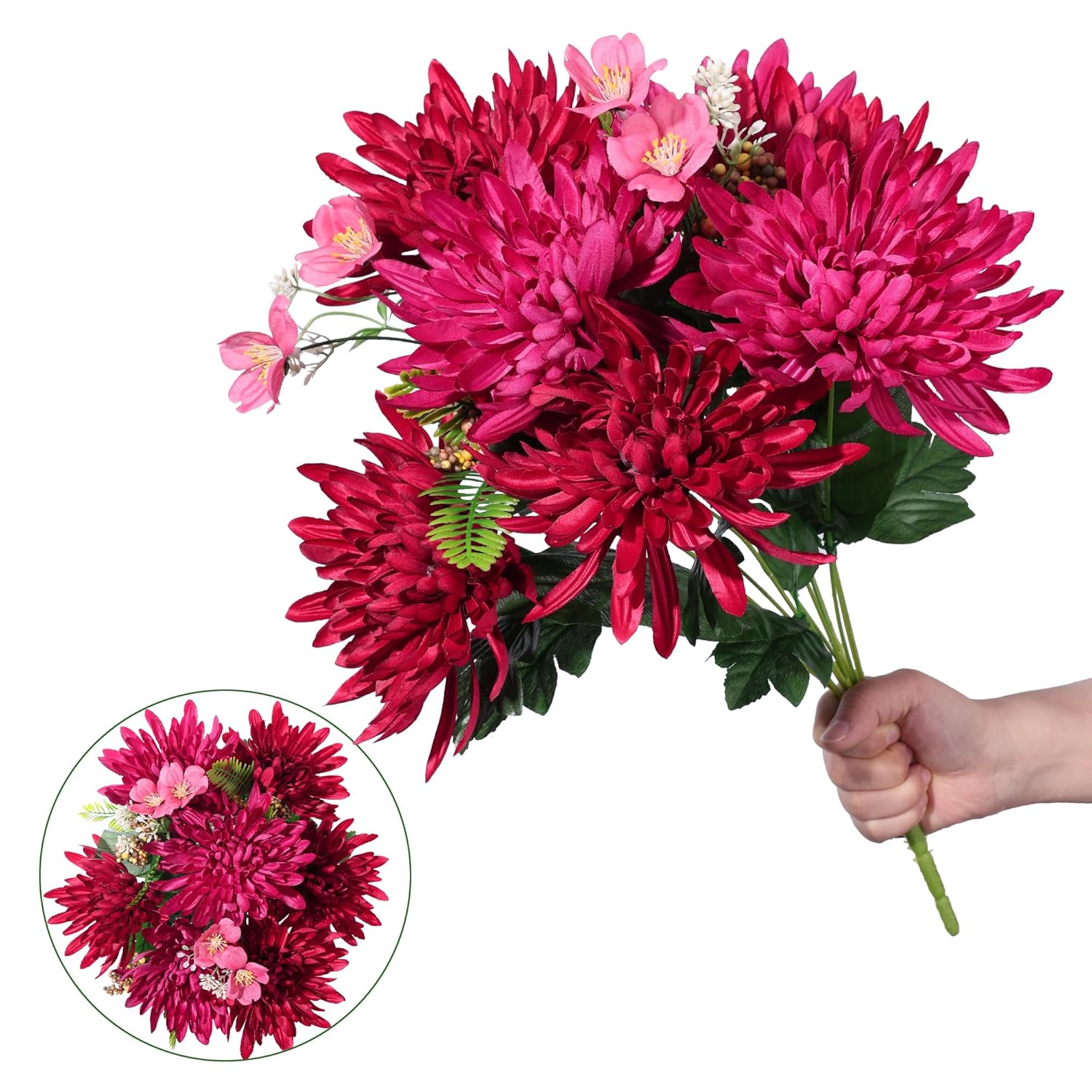 2 Bundles Artificial Fake Silk Chrysanthemum Flowers Bouquets Faux Flower With Long Stems, Autumn Bouquet Flowers Wedding Party Home Decor(Not Included A Pot (Red)